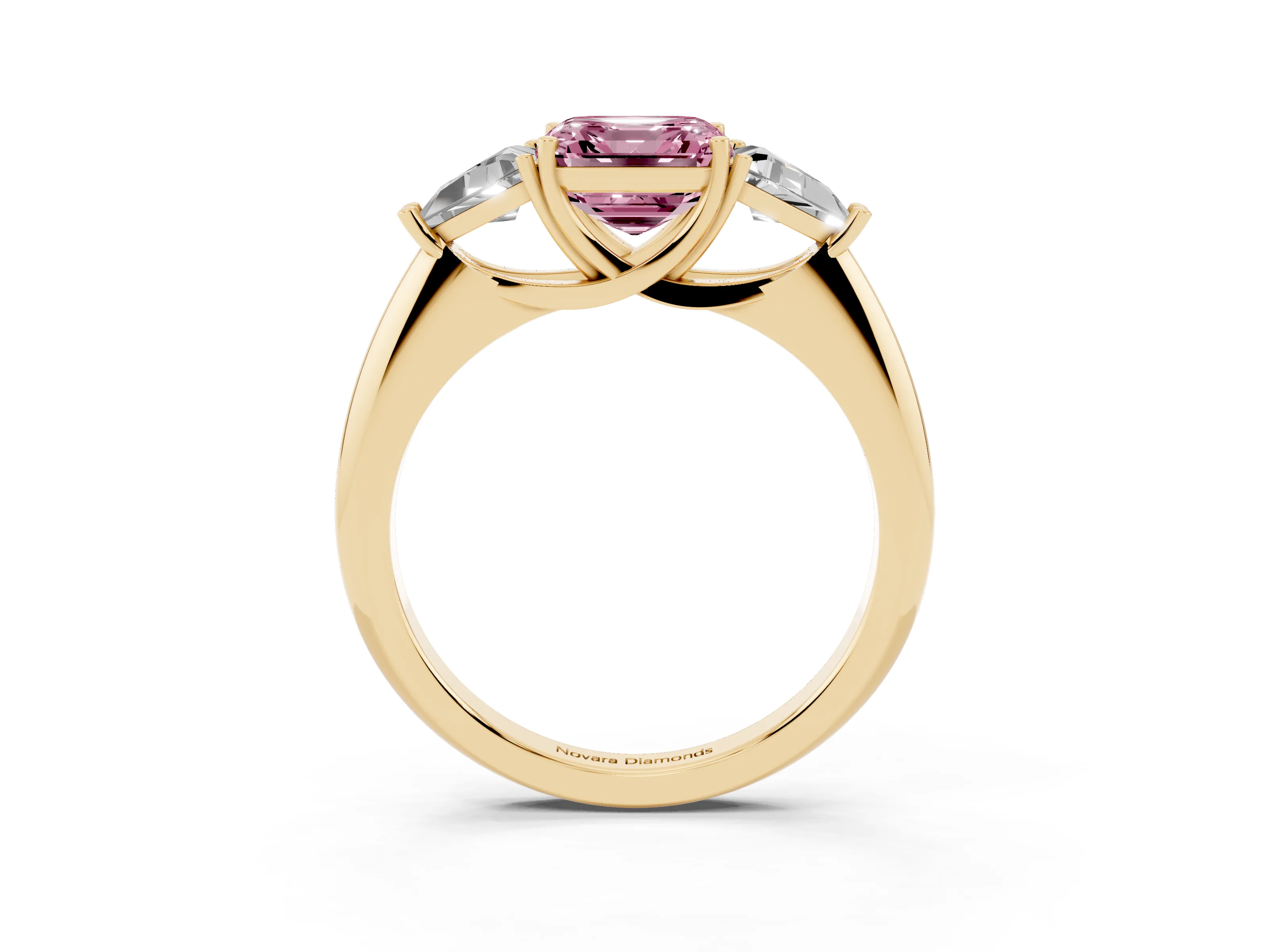 Fancy Pink Asscher Cut Diamond Three-Stone Engagement Ring Set in Yellow gold with Trillion Side Stones