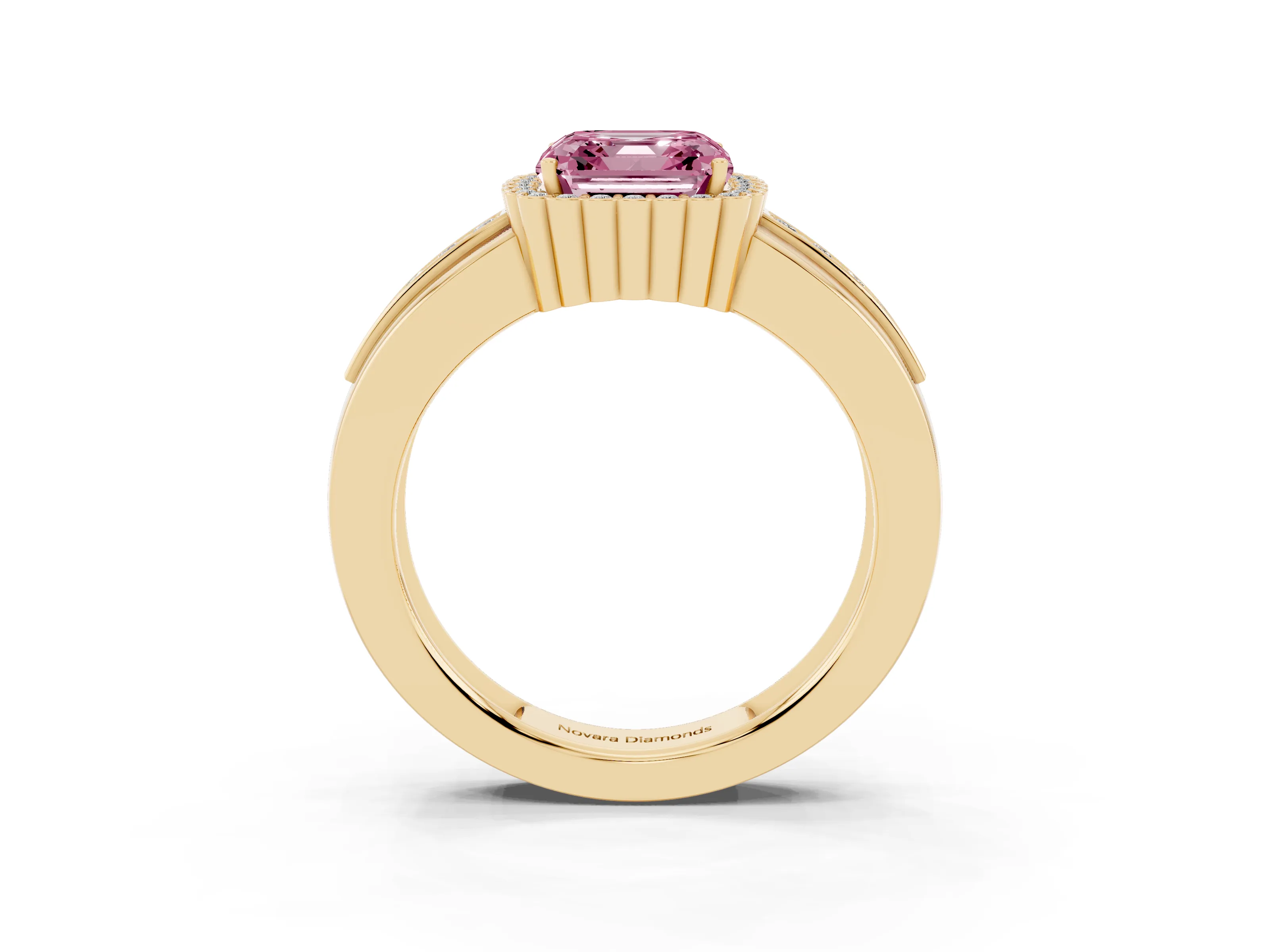 Fancy Pink Asscher Cut Diamond Halo Prong Ring Set in Yellow gold with Pavé Band