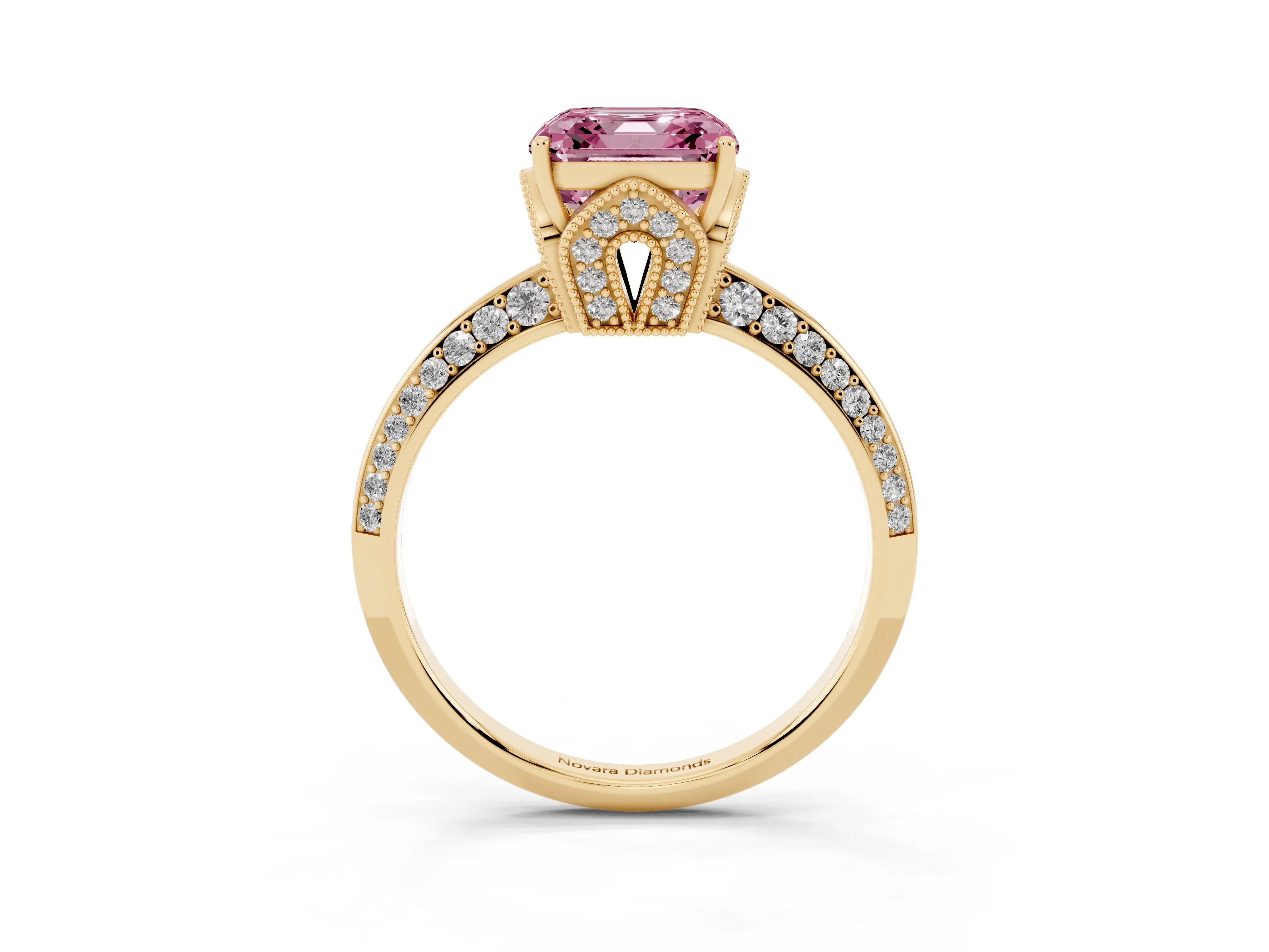 Fancy Pink Asscher Cut Diamond Solitaire Engagement Ring Set in Yellow gold with Pavé Split Shank and Prong Setting