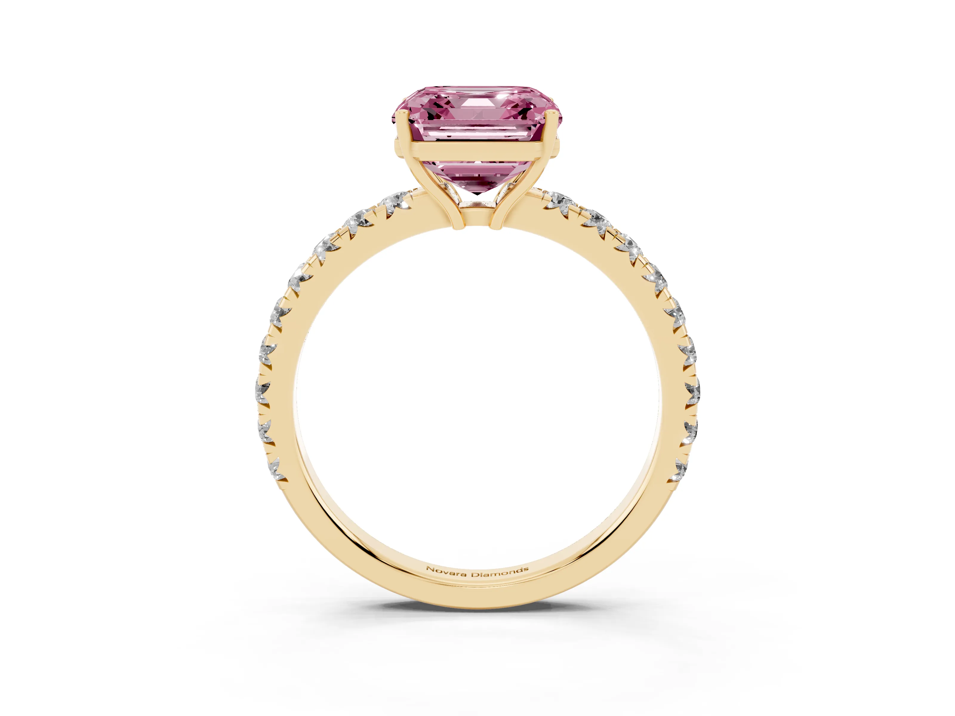 Fancy Pink Asscher Cut Diamond Pavé Solitaire Engagement Ring Set in Yellow gold with Prong Setting