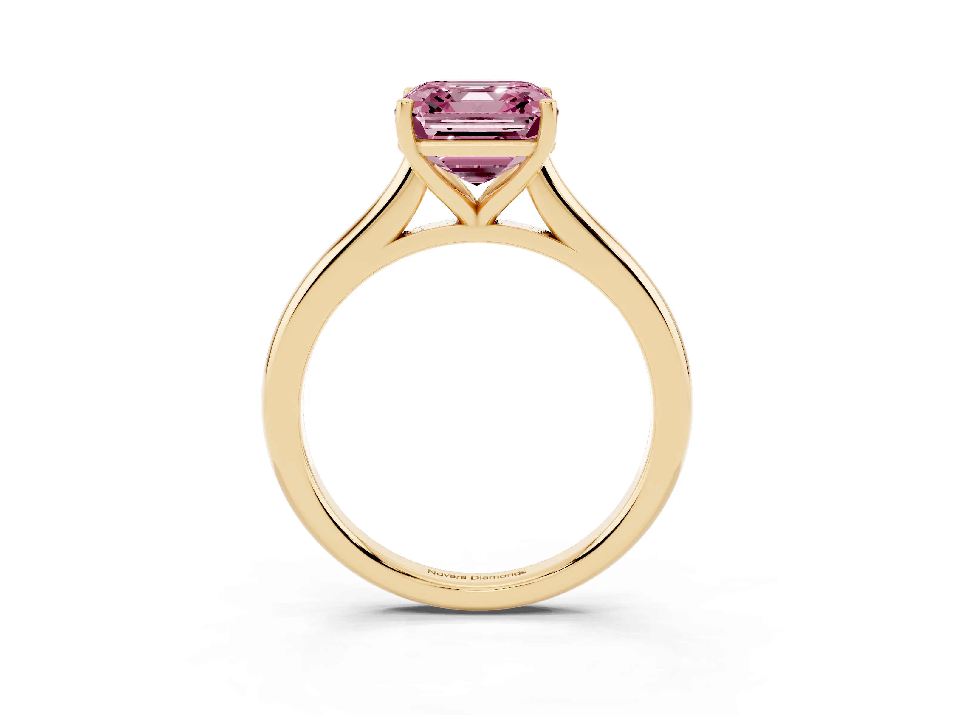 Fancy Pink Asscher Cut Diamond Solitaire Ring Set in Yellow gold with Cathedral Band and Prong Setting