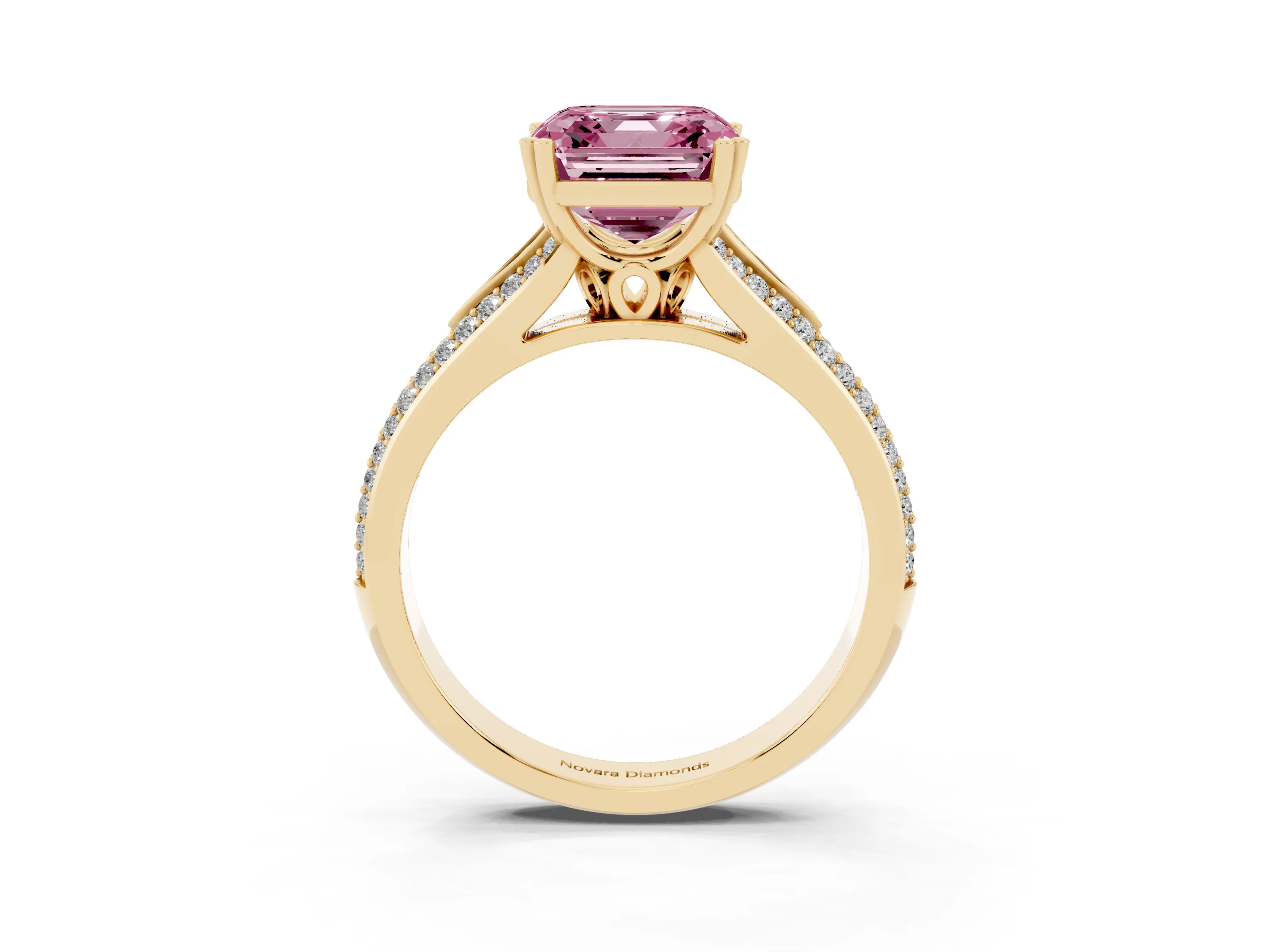 Fancy Pink Asscher Cut Diamond Split Shank Pavé Engagement Ring Set in Yellow gold with Prong-Set Center Stone