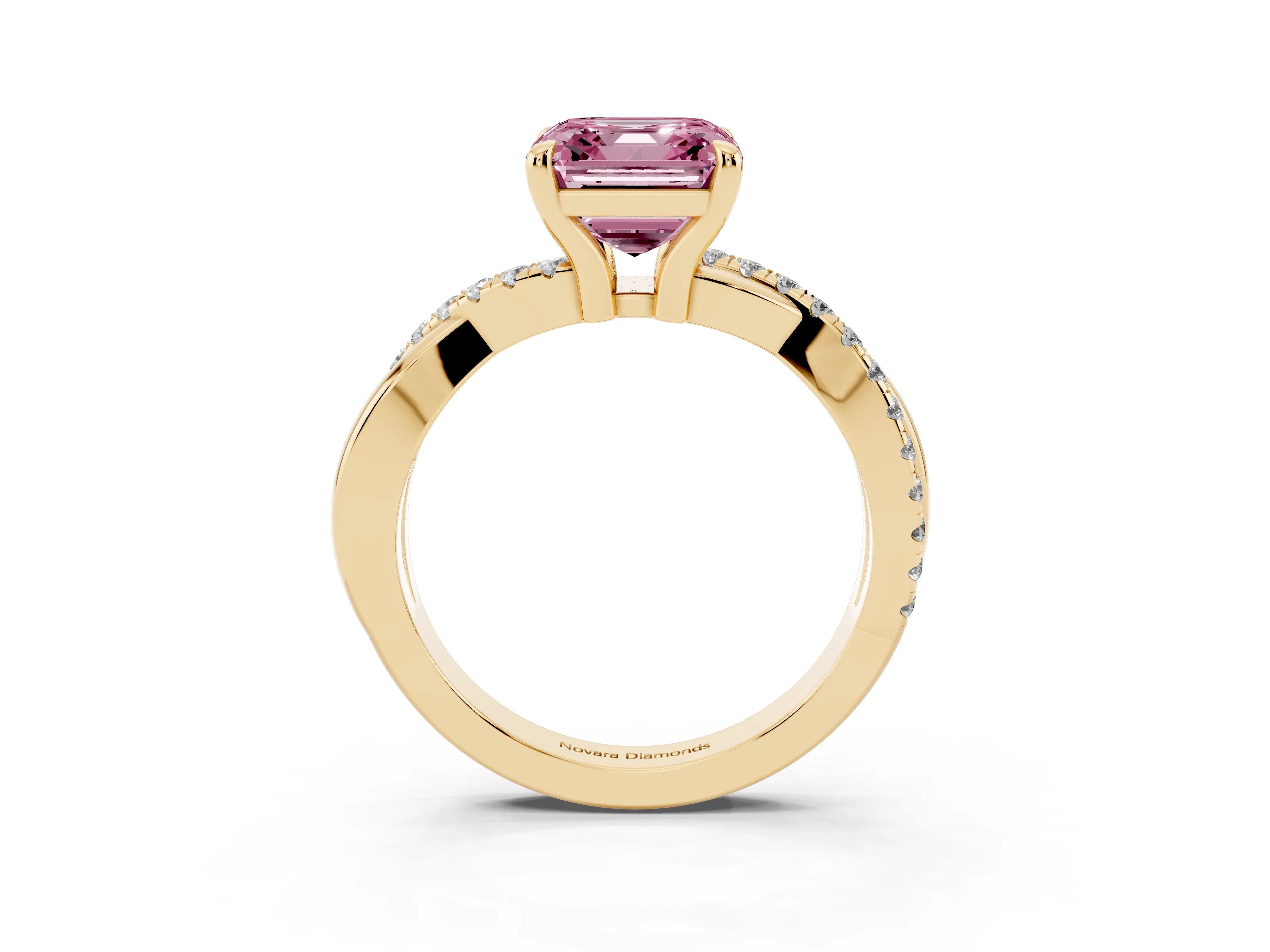 Fancy Pink Asscher Cut Diamond Twist Band Pavé Solitaire Ring Set in Yellow gold with Prong Setting