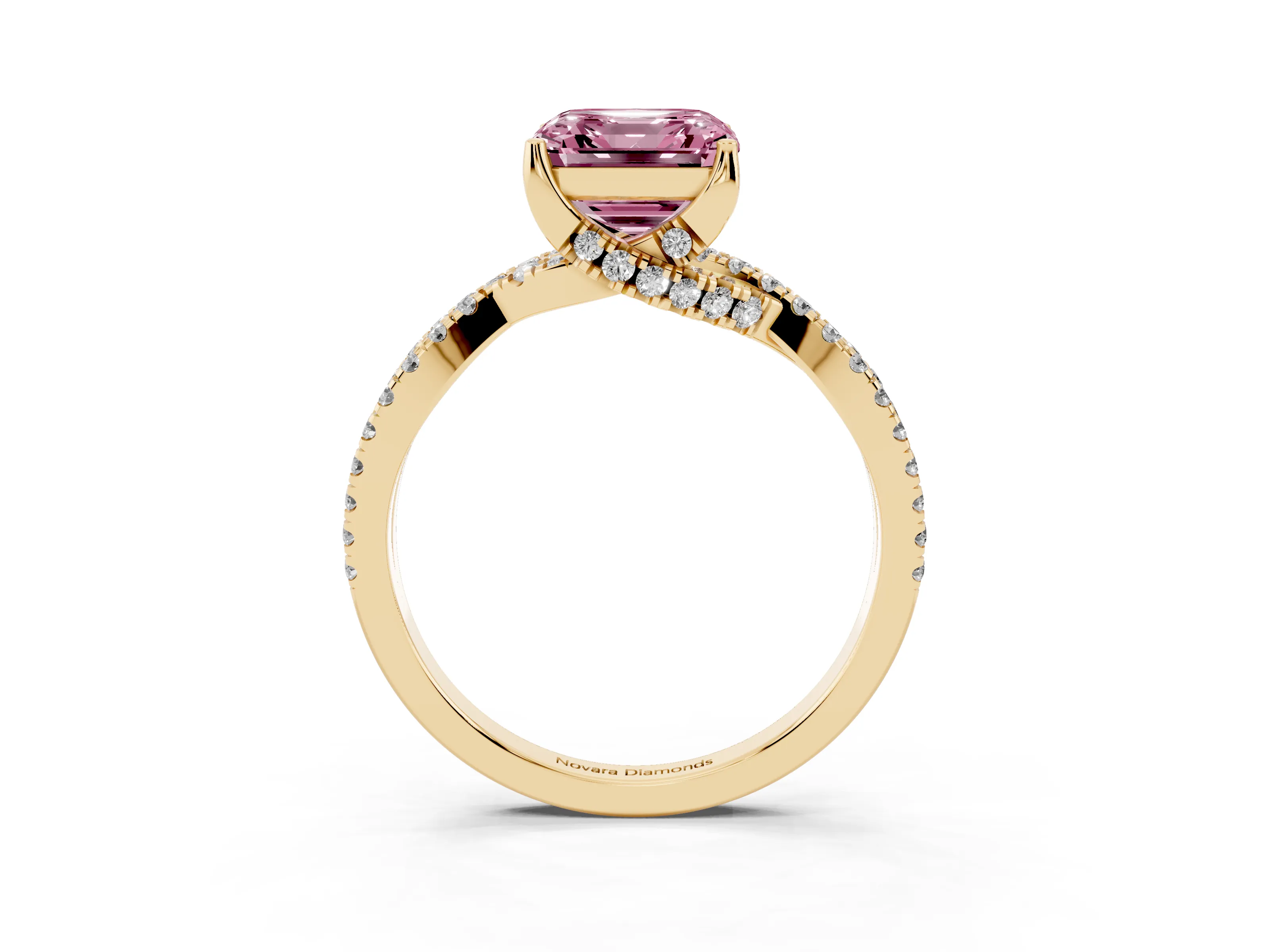 Fancy Pink Asscher Cut Diamond Twist Pavé Solitaire Engagement Ring Set in Yellow gold with Prong Setting