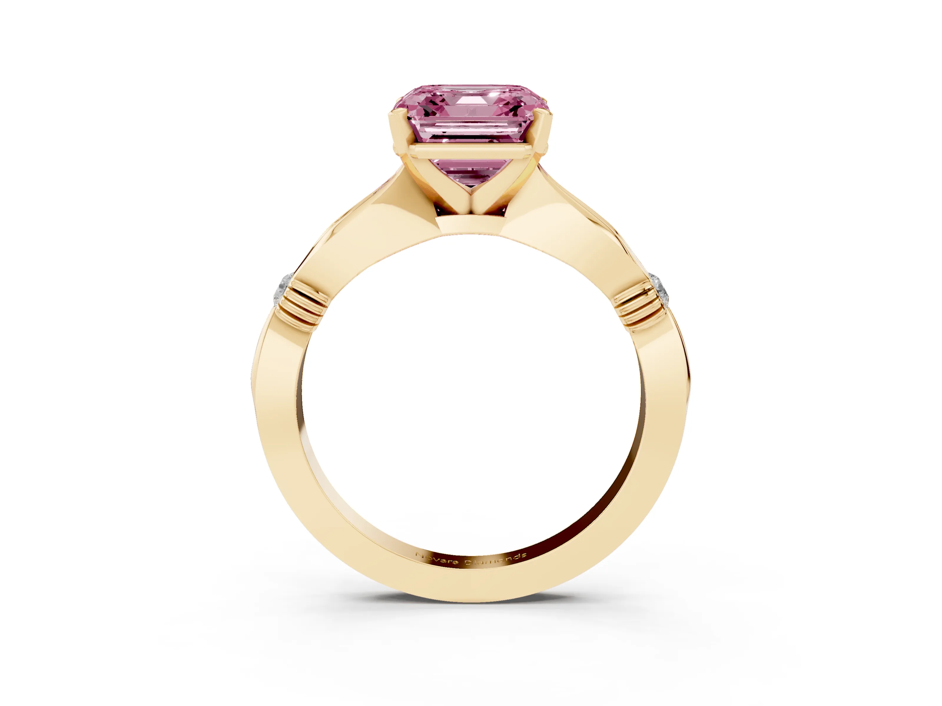 Fancy Pink Asscher Cut Diamond Solitaire Twisted Band Ring Set in Yellow gold with Accent Stones and Prong Setting