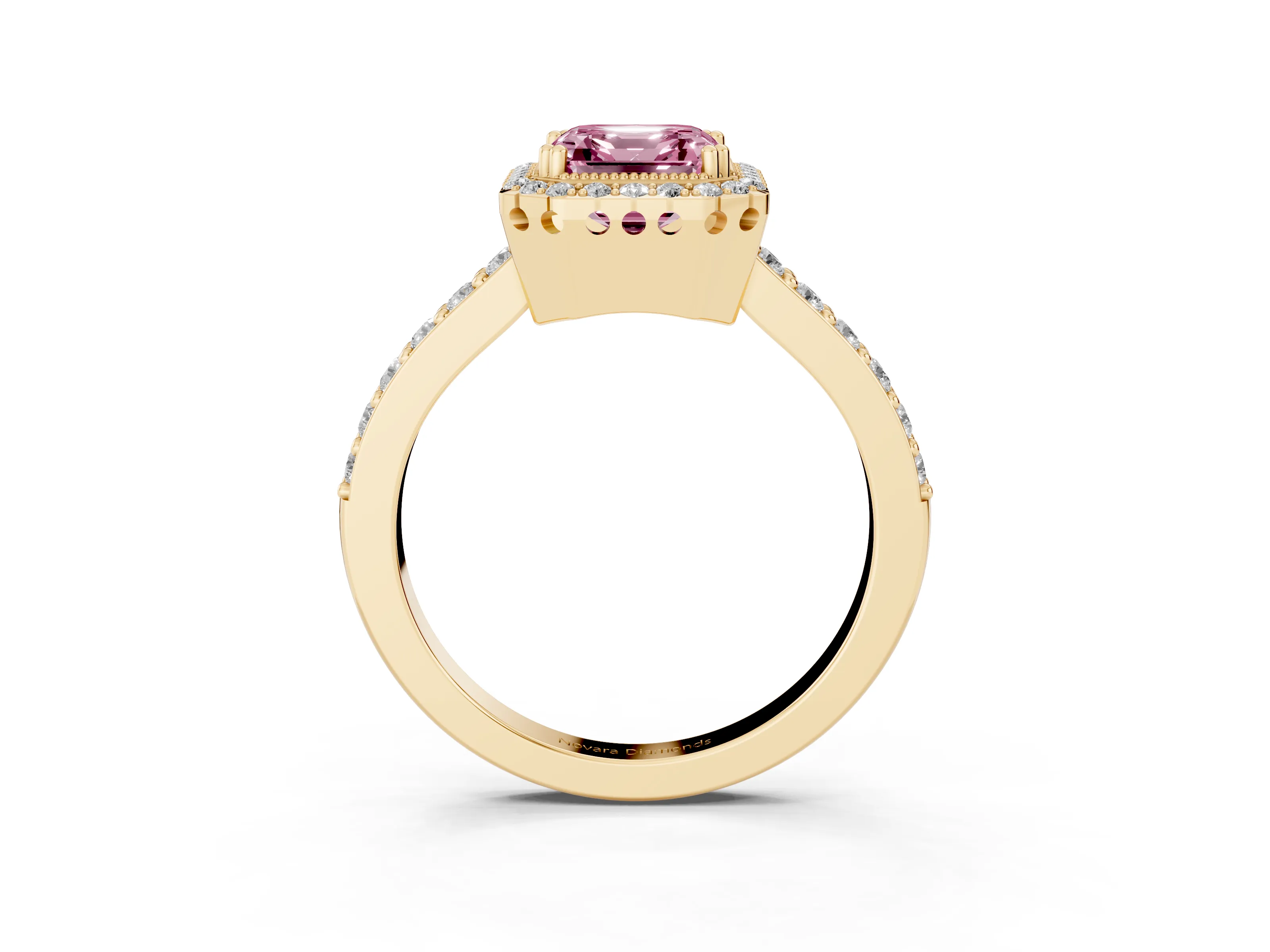 Fancy Pink Asscher Cut Diamond Halo Engagement Ring Set in Yellow gold with Milgrain Detail and Pavé Band