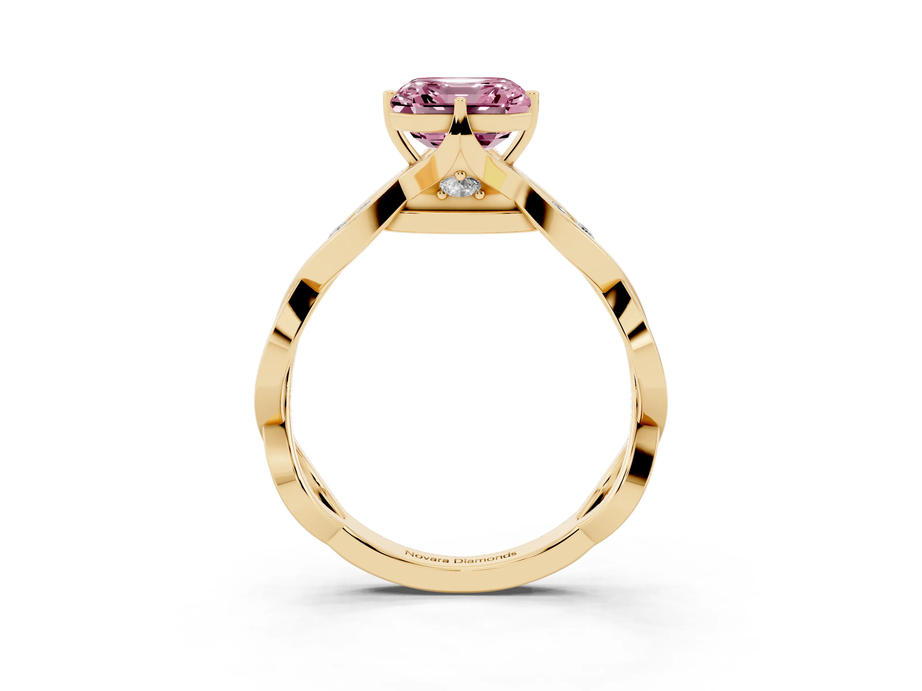 Fancy Pink Asscher Cut Diamond Twist Band Solitaire Ring Set in Yellow gold with Leaf Prong Setting and Accent Stones