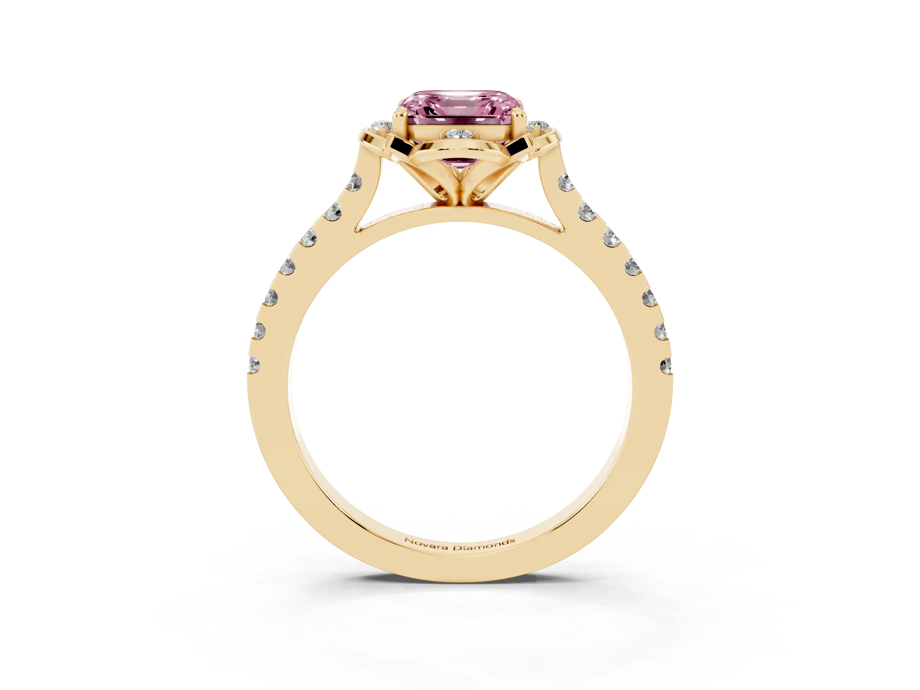 Fancy Pink Asscher Cut Diamond Solitaire Ring Set in Yellow gold with Pavé Band and Floral Prong Setting