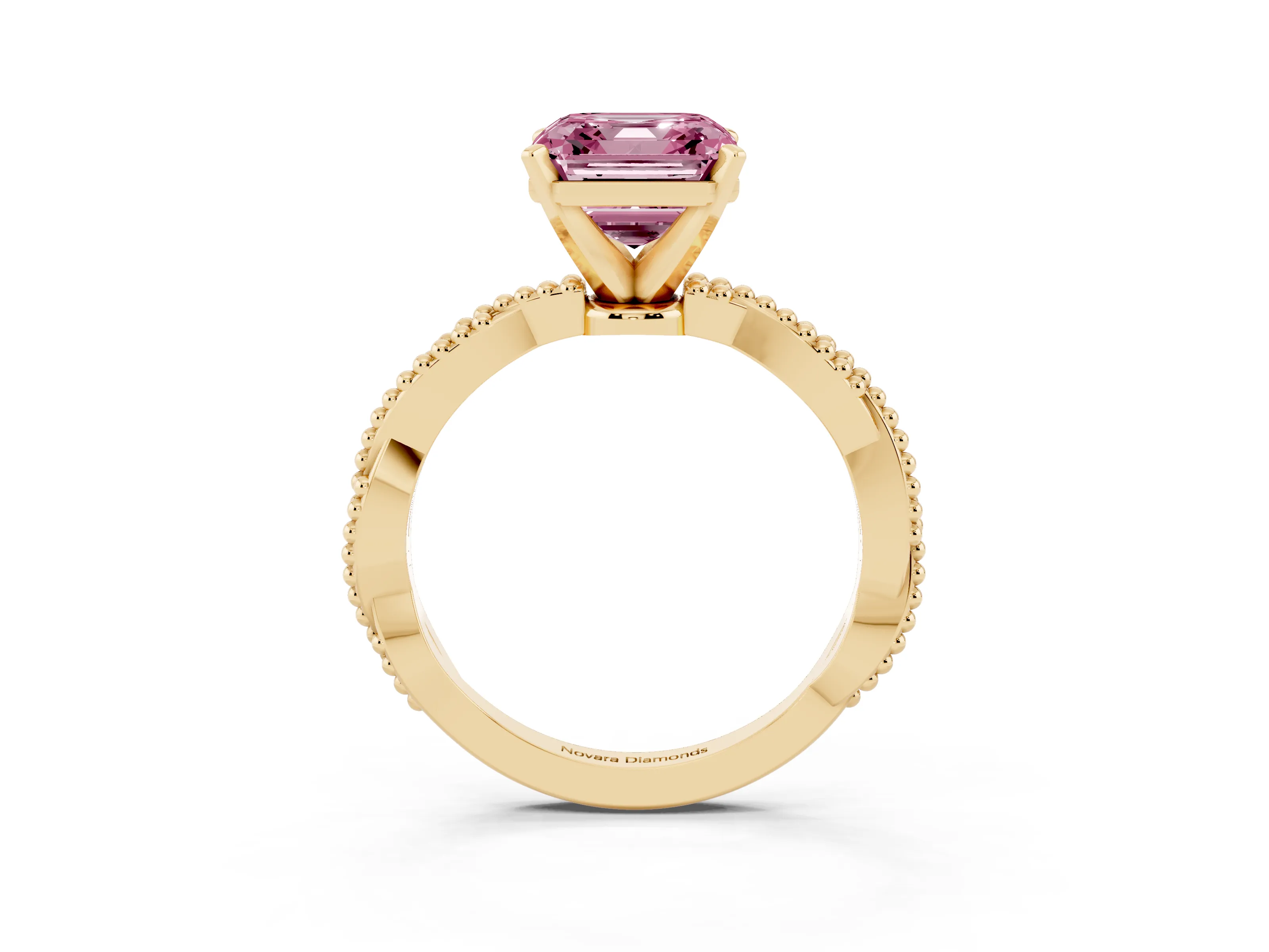 Fancy Pink Asscher Cut Diamond Solitaire Ring Set in Yellow gold with Twisted Band and Bead Prong Setting