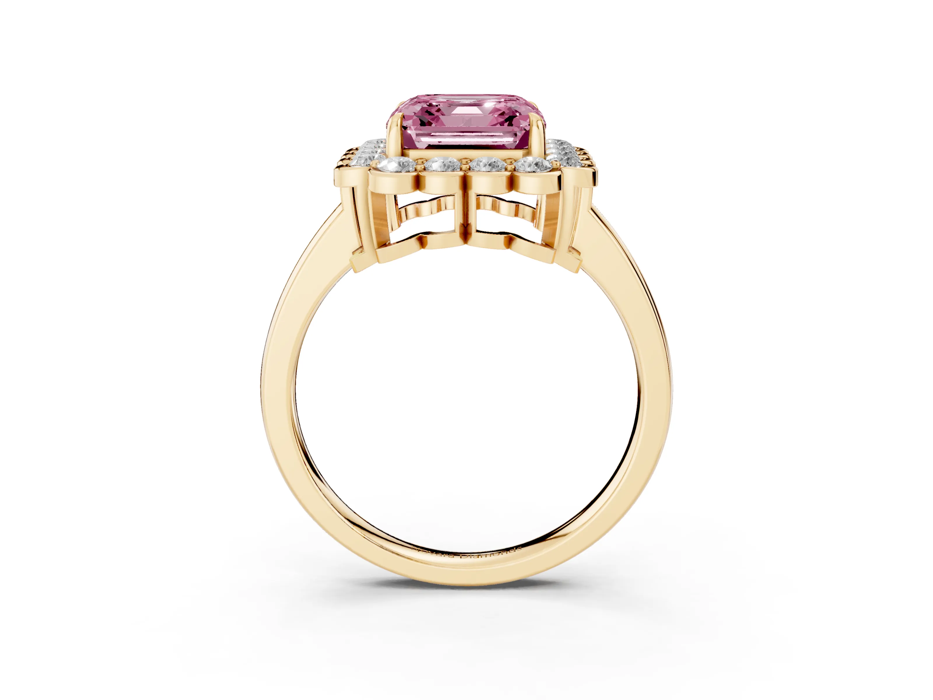 Fancy Pink Asscher Cut Diamond Halo Cluster Engagement Ring Set in Yellow gold with Solitaire Band and Prong Setting