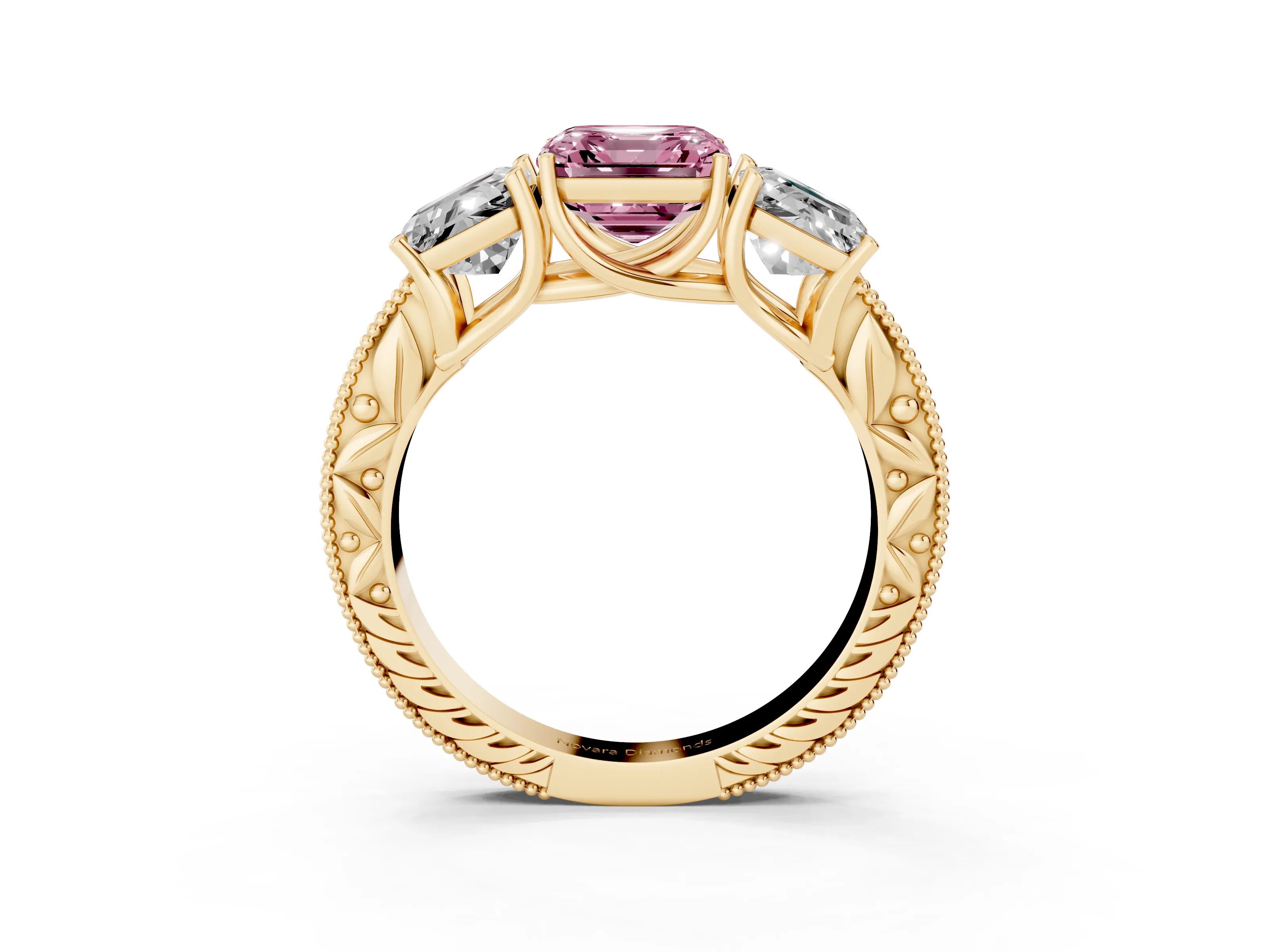 Fancy Pink Asscher Cut Diamond Three-Stone Engagement Ring Set in Yellow gold with Milgrain Pavé Band