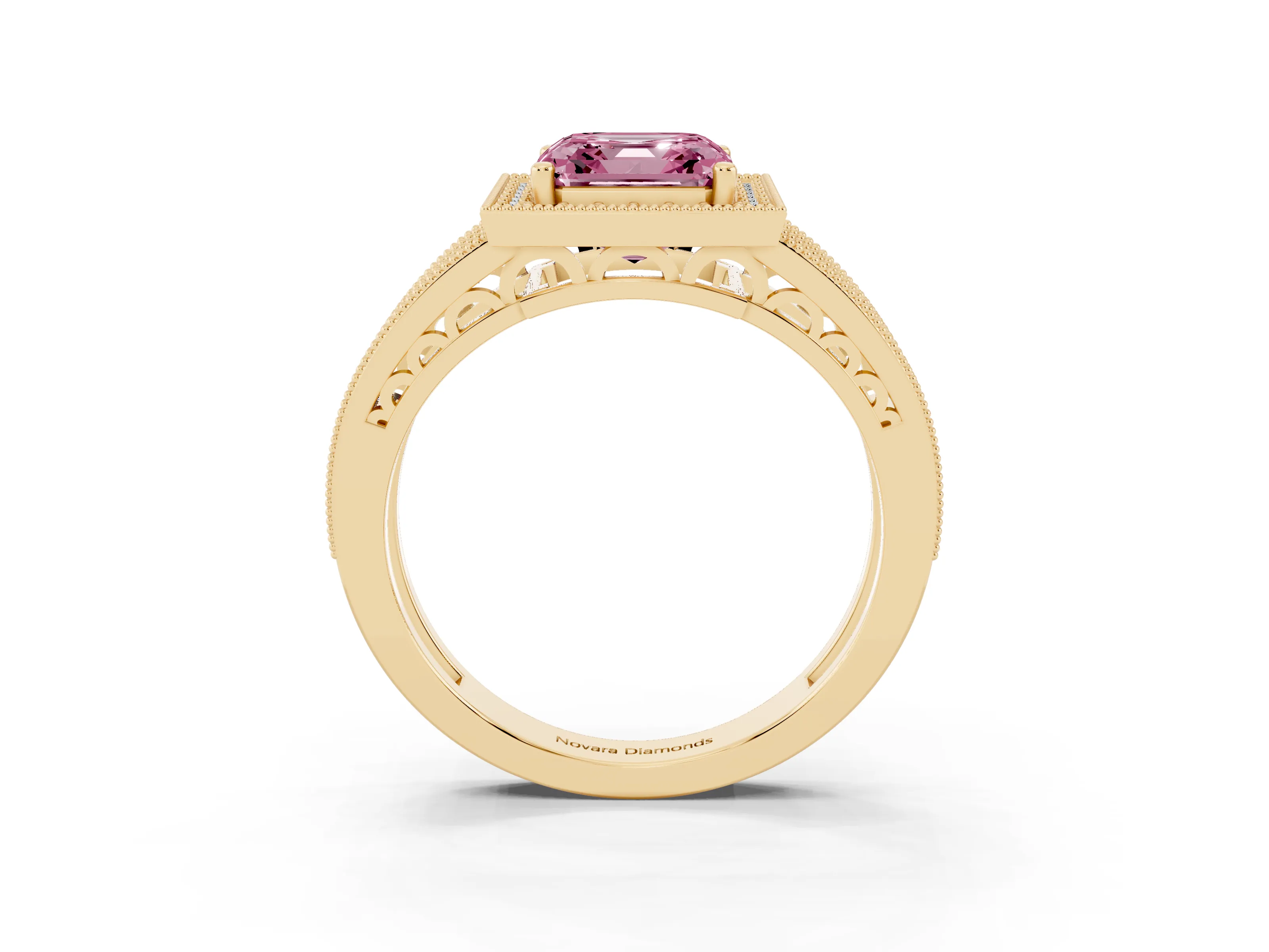 Fancy Pink Asscher Cut Diamond Halo Ring Set in Yellow gold with Accent Split Shank and Prong Setting