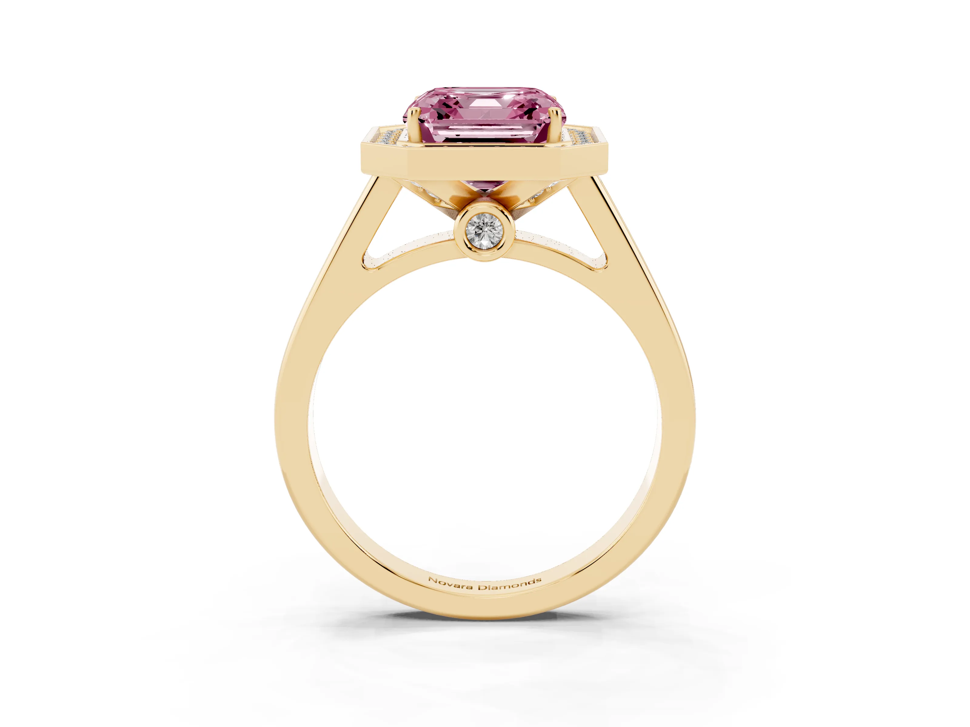 Fancy Pink Asscher Cut Diamond Halo Solitaire Ring Set in Yellow gold with Pavé Band and Bezel Setting
