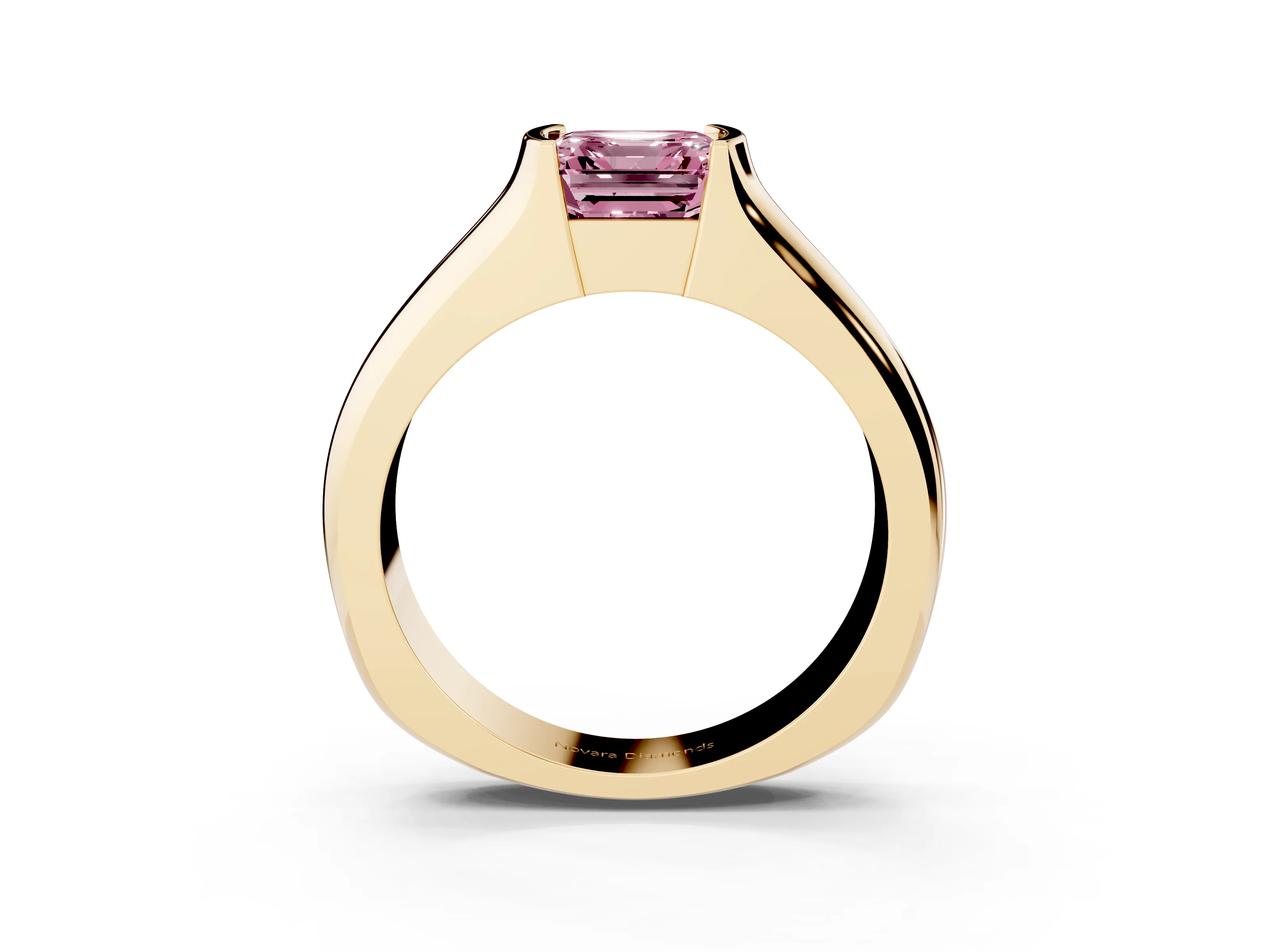 Fancy Pink Asscher Cut Diamond Bezel Solitaire Ring Set in Yellow gold with Wide Band