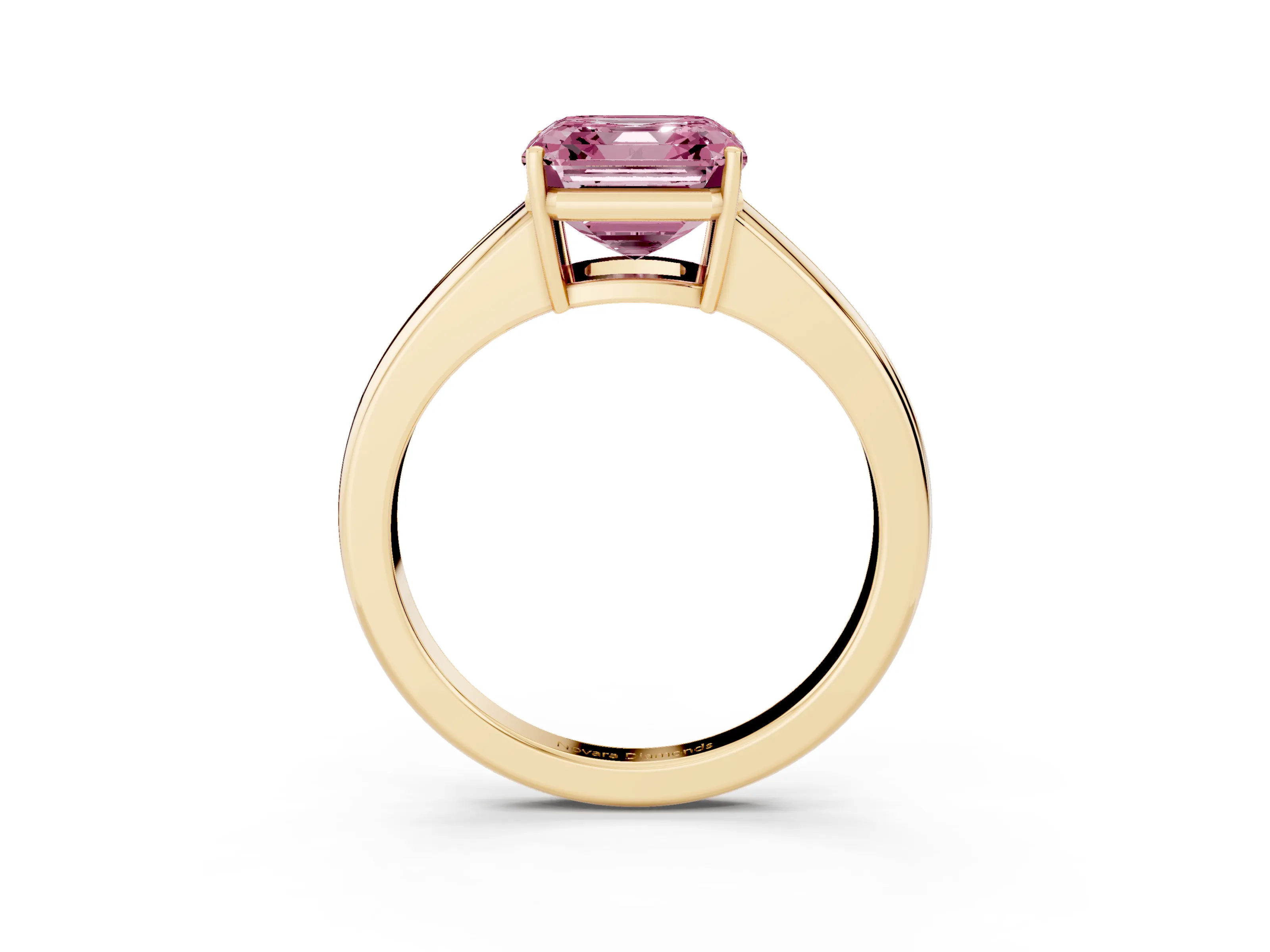 Fancy Pink Asscher Cut Diamond Solitaire Ring Set in Yellow gold with Tapered Band and Prong Setting