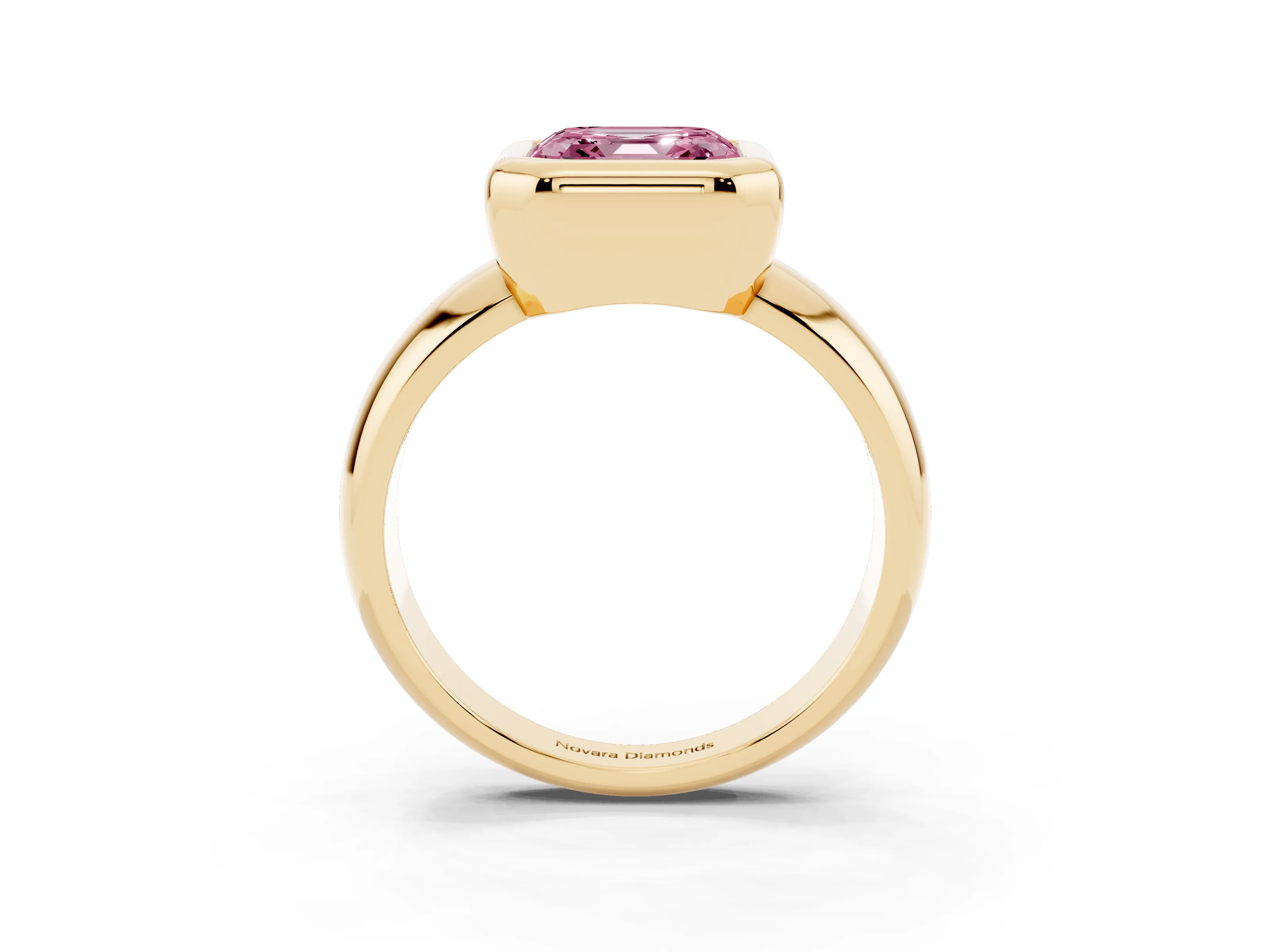 Fancy Pink Bezel Set Asscher Cut Diamond Solitaire Ring Set in Yellow gold with Wide Band