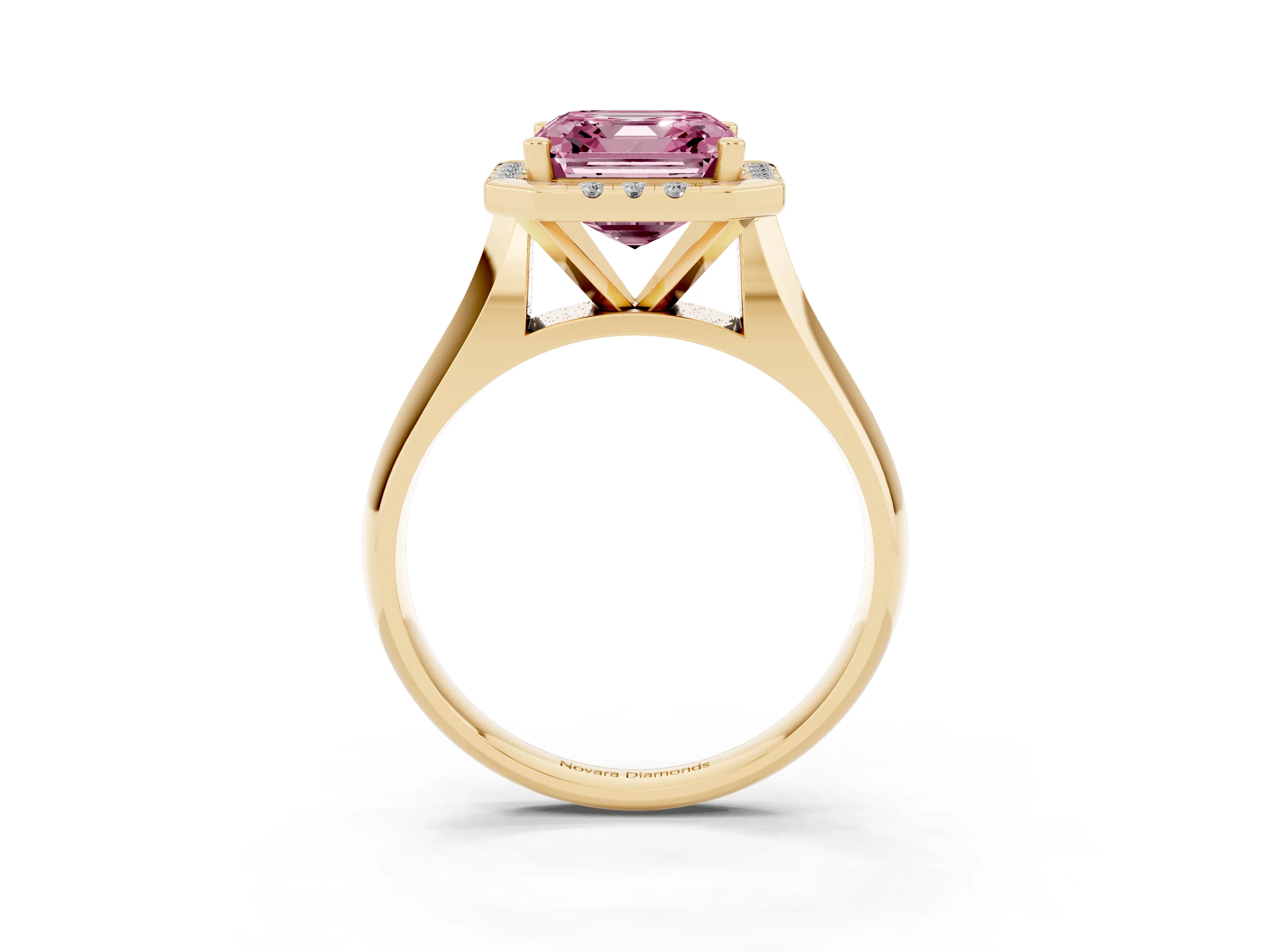 Fancy Pink Asscher Cut Diamond Halo Solitaire Engagement Ring Set in Yellow gold with Square Band and Prong Setting