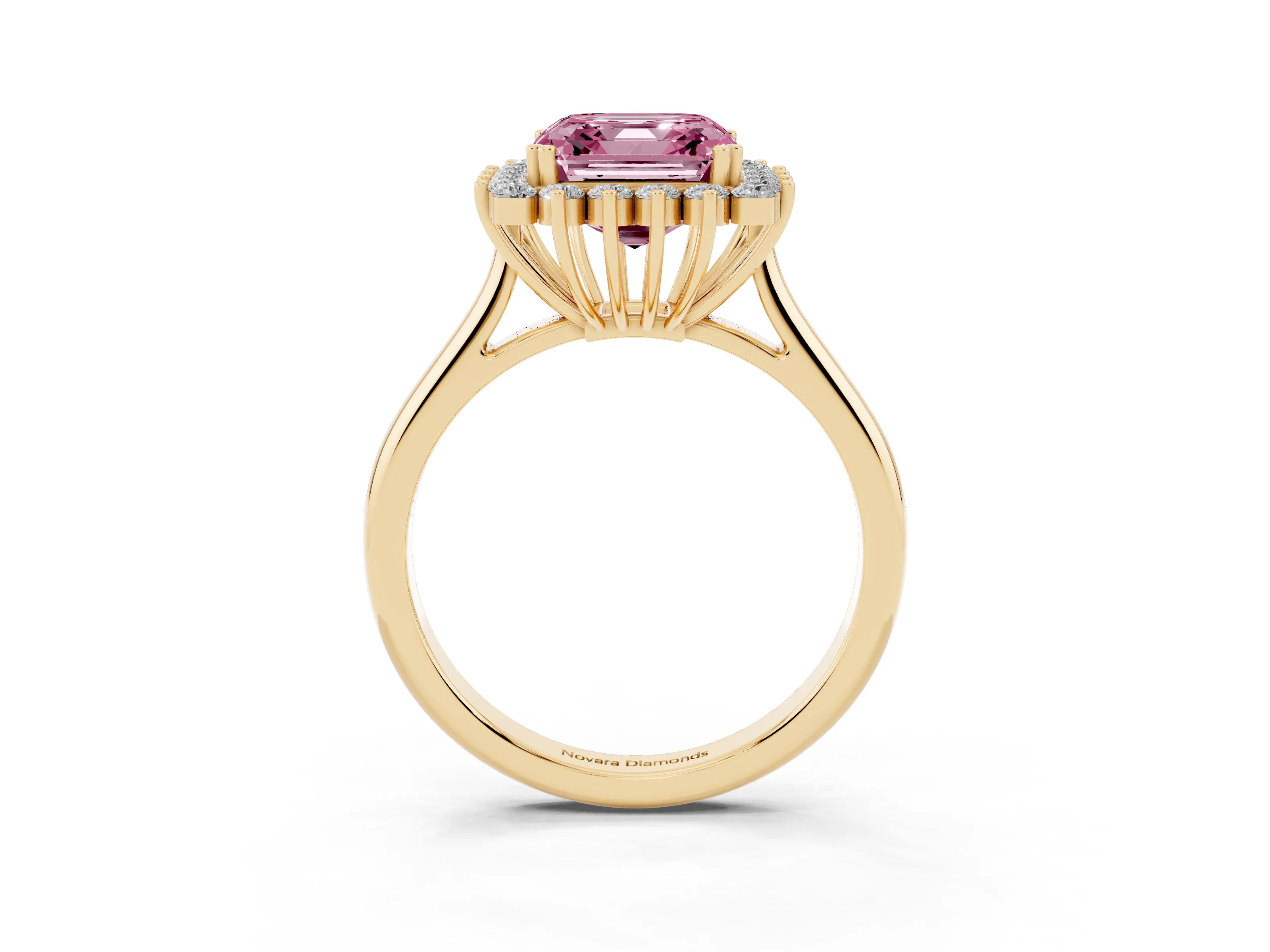 Fancy Pink Asscher Cut Diamond Halo Ring Set in Yellow gold with Plain Solitaire Band and Prong Setting
