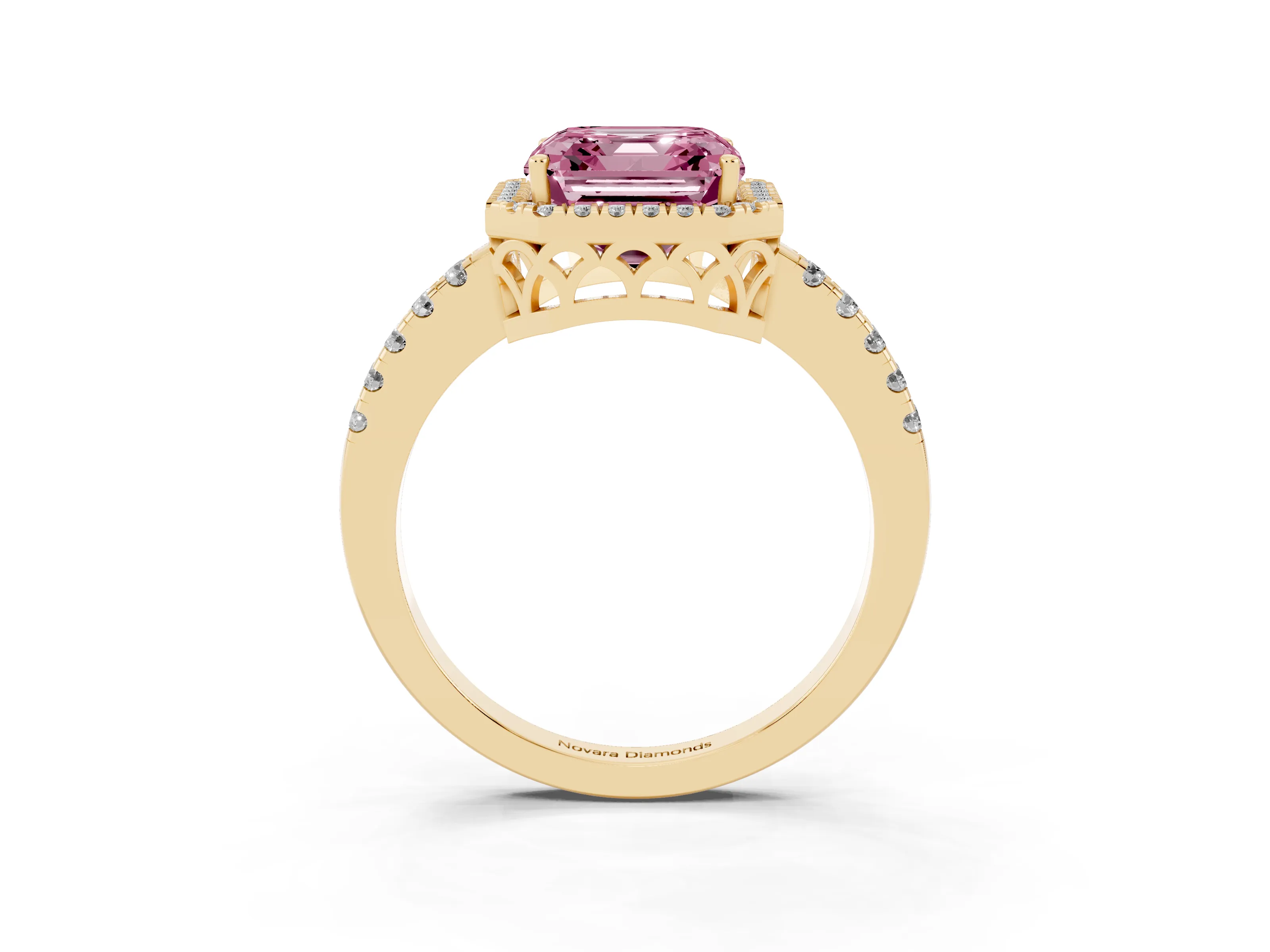Fancy Pink Asscher Cut Diamond Pavé Band Halo Engagement Ring Set in Yellow gold with Prong Setting