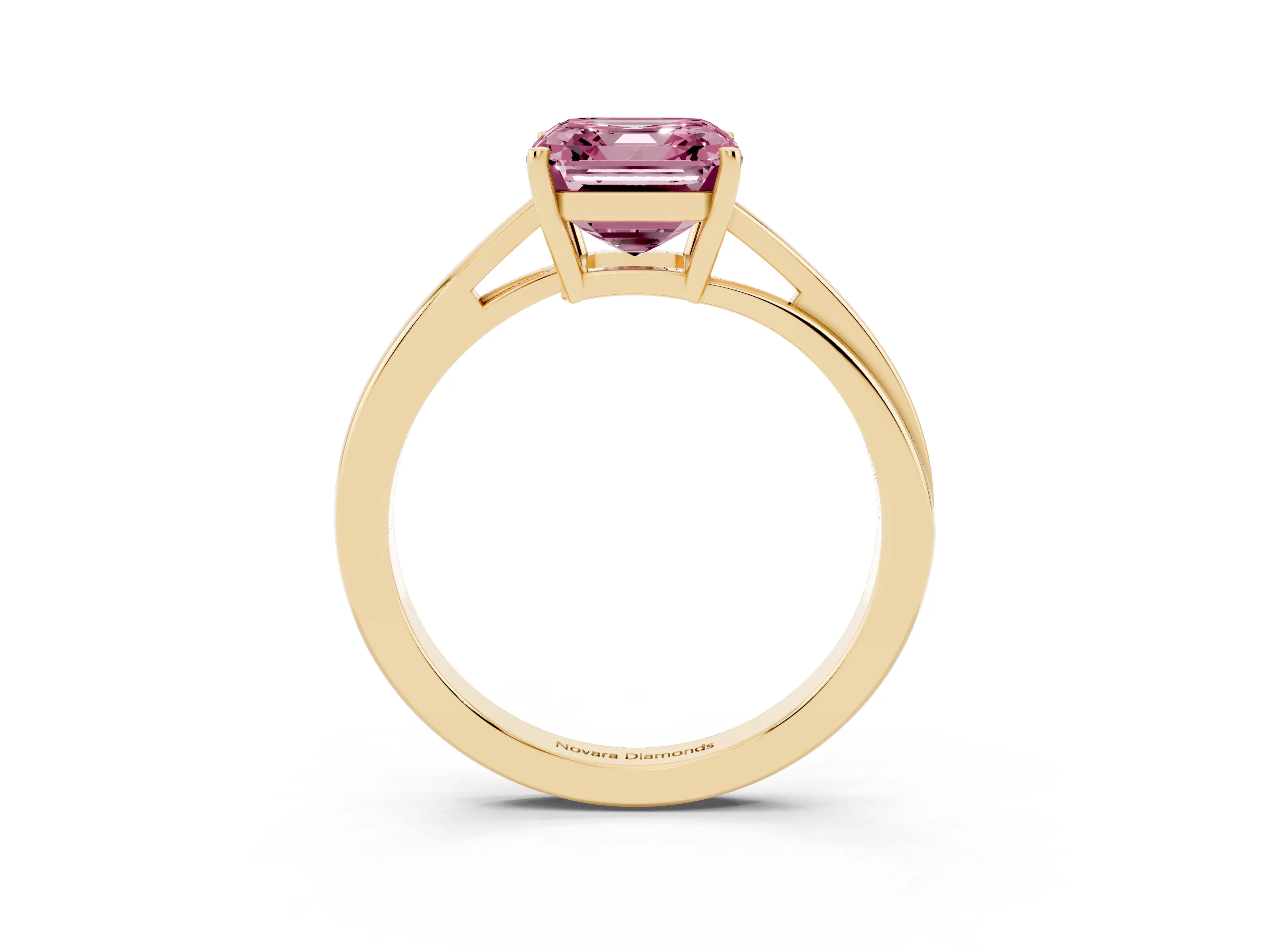Fancy Pink Asscher Cut Diamond Solitaire Twist Band Ring Set in Yellow gold with Prong Setting