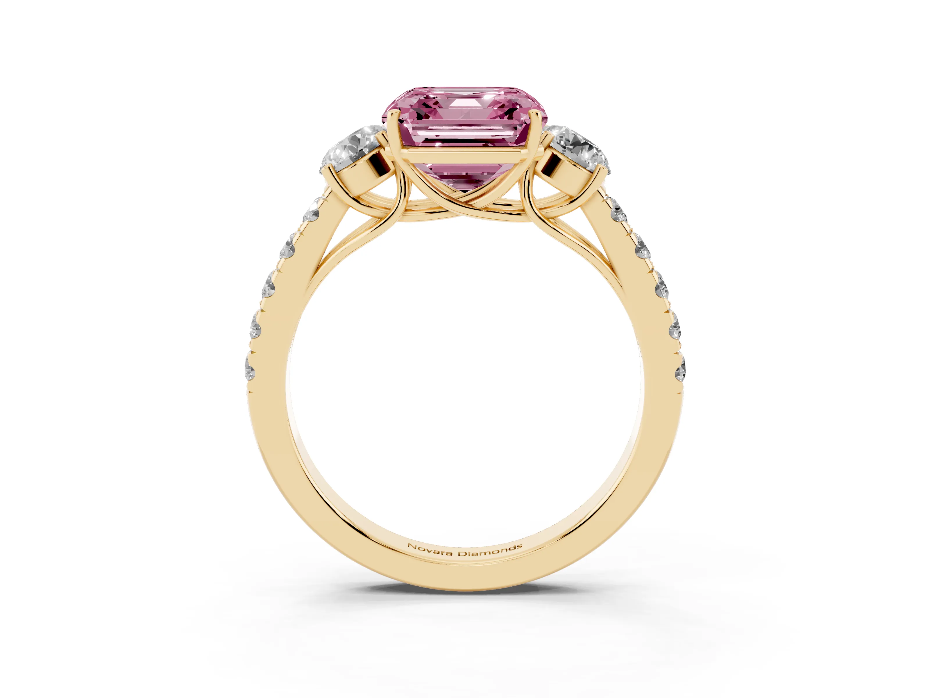 Fancy Pink Asscher Cut Diamond Three-Stone Ring Set in Yellow gold with Round Side Stones and Delicate Pavé Band
