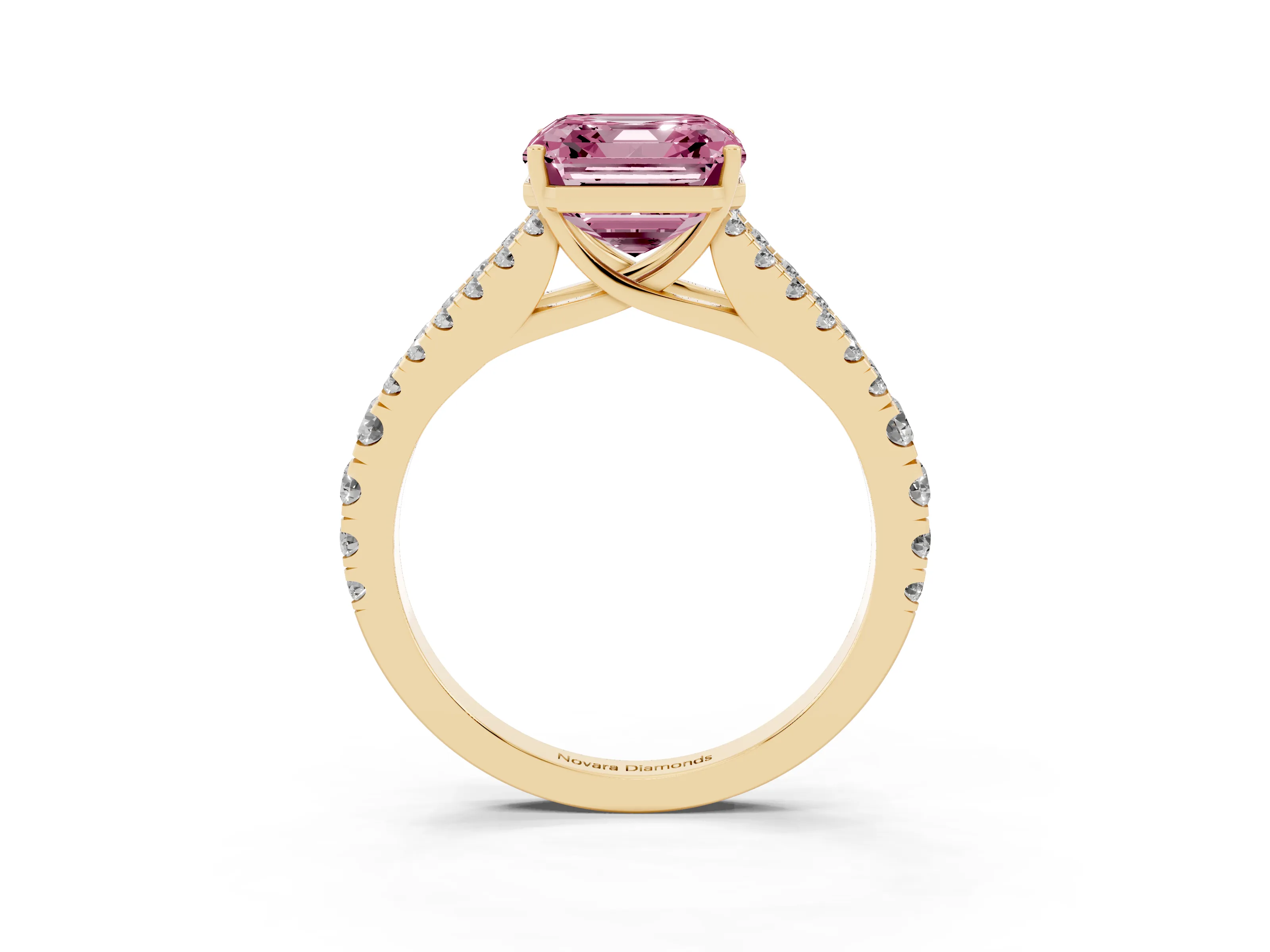 Fancy Pink Asscher Cut Diamond Split Shank Pavé Engagement Ring Set in Yellow gold with Prong-Held Center Stone