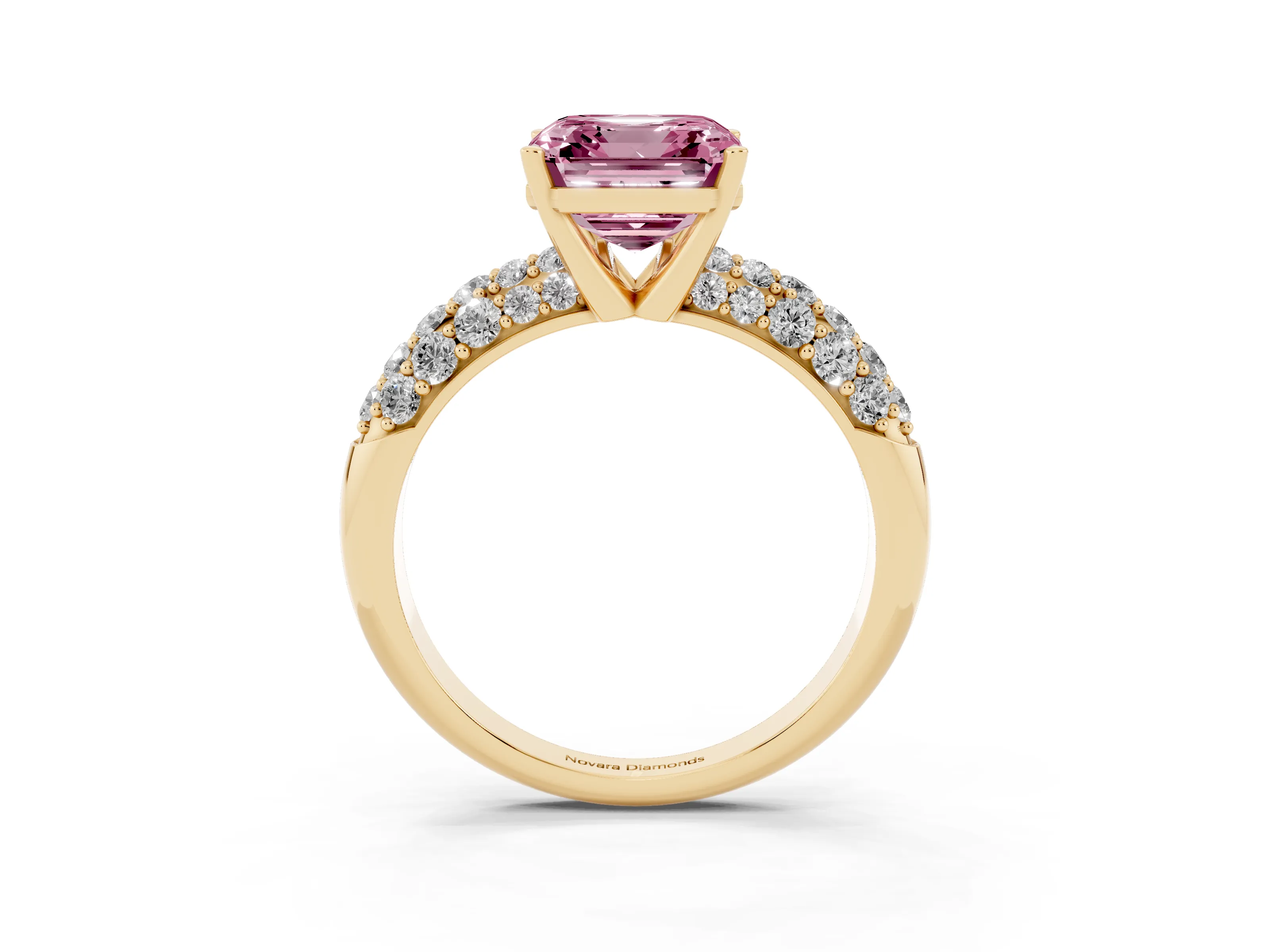 Fancy Pink Asscher Cut Diamond Pavé Band Solitaire Ring Set in Yellow gold with Close-Set Accent Stones and Prong Setting