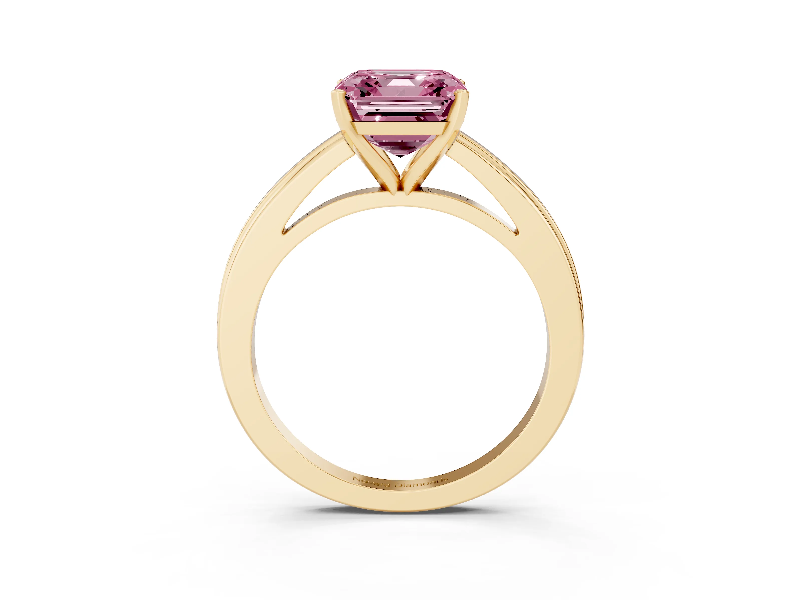 Fancy Pink Asscher Cut Diamond Solitaire Ring Set in Yellow gold with Prong Setting and Classic Band