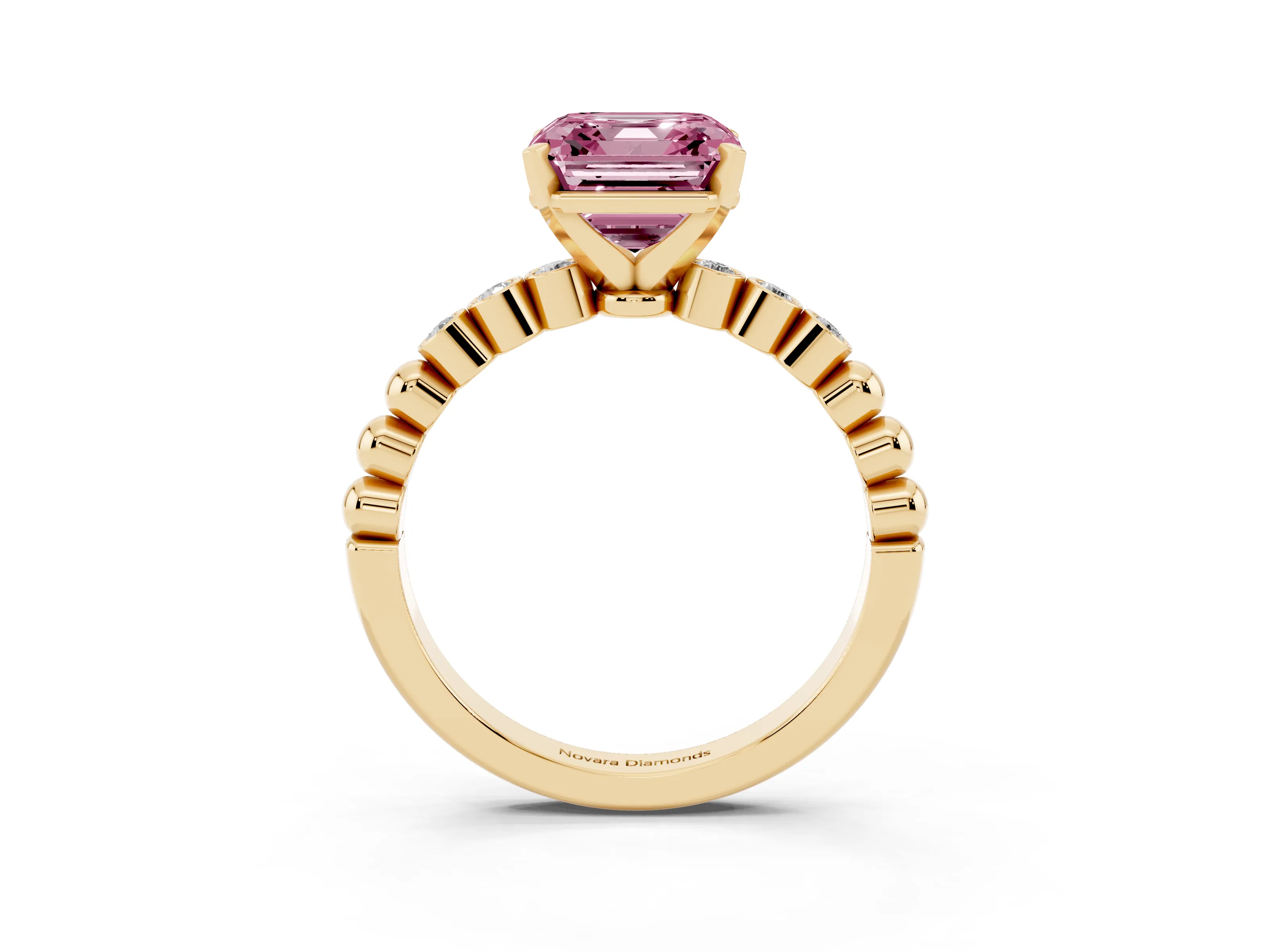 Fancy Pink Asscher Cut Diamond Solitaire Engagement Ring Set in Yellow gold with Bezel Accents on Beaded Band