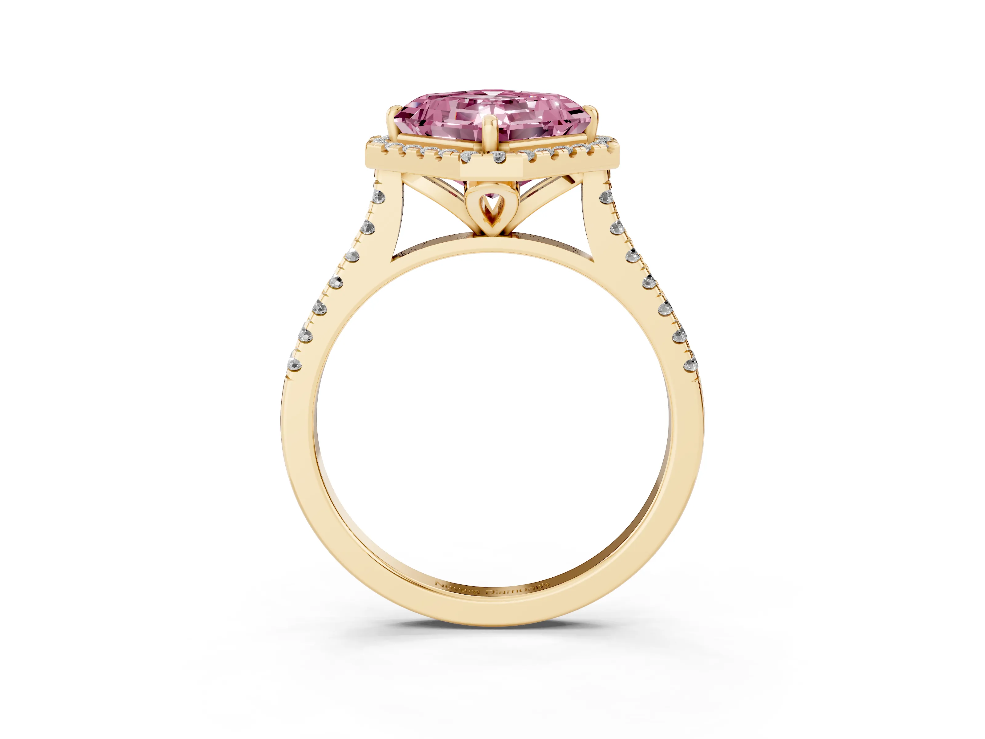 Fancy Pink Asscher Cut Diamond Cushion Halo Ring Set in Yellow gold with Pavé Band