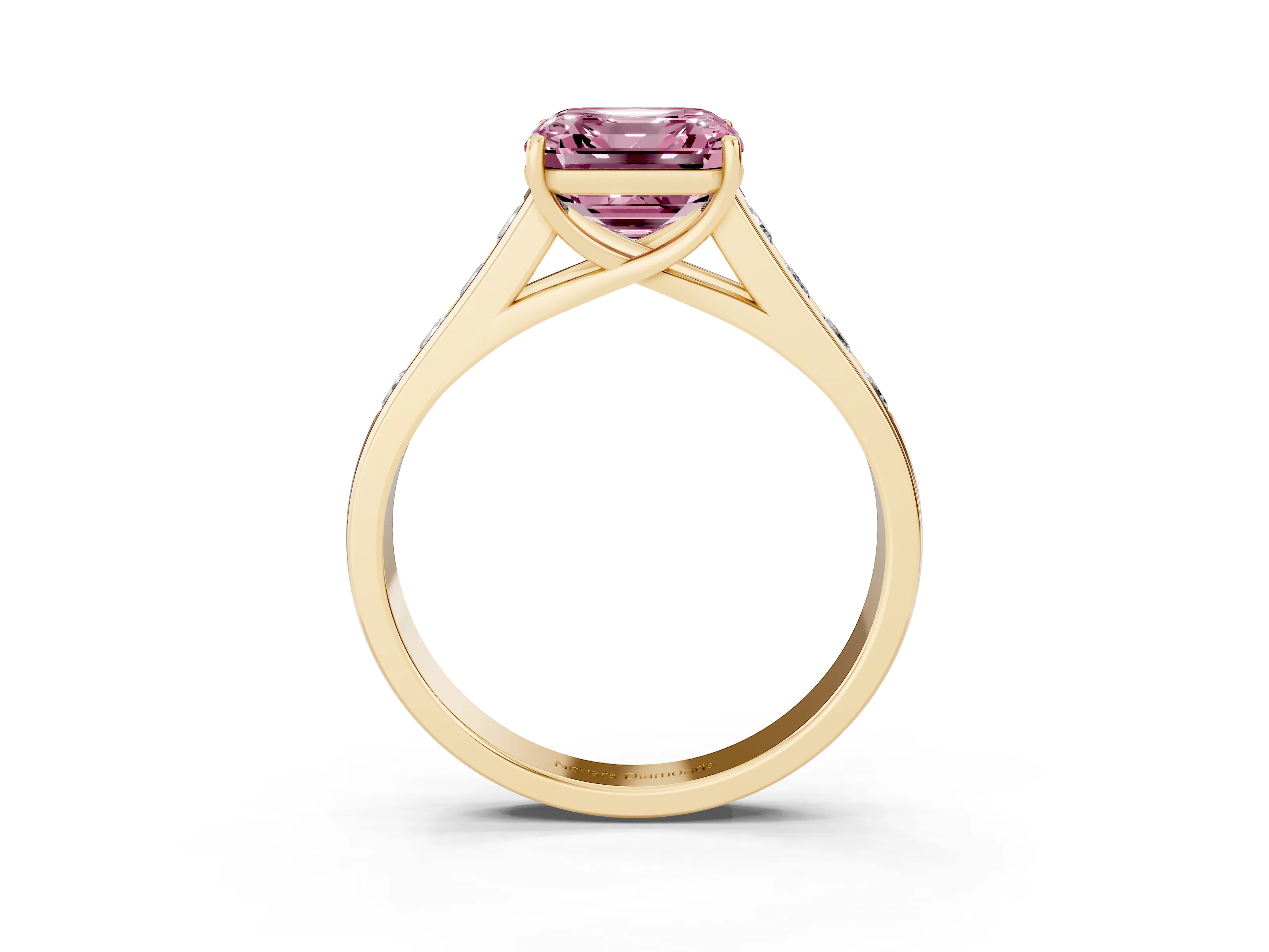Fancy Pink Asscher Cut Diamond Brilliant Channel-Set Solitaire Ring Set in Yellow gold with Prong Setting