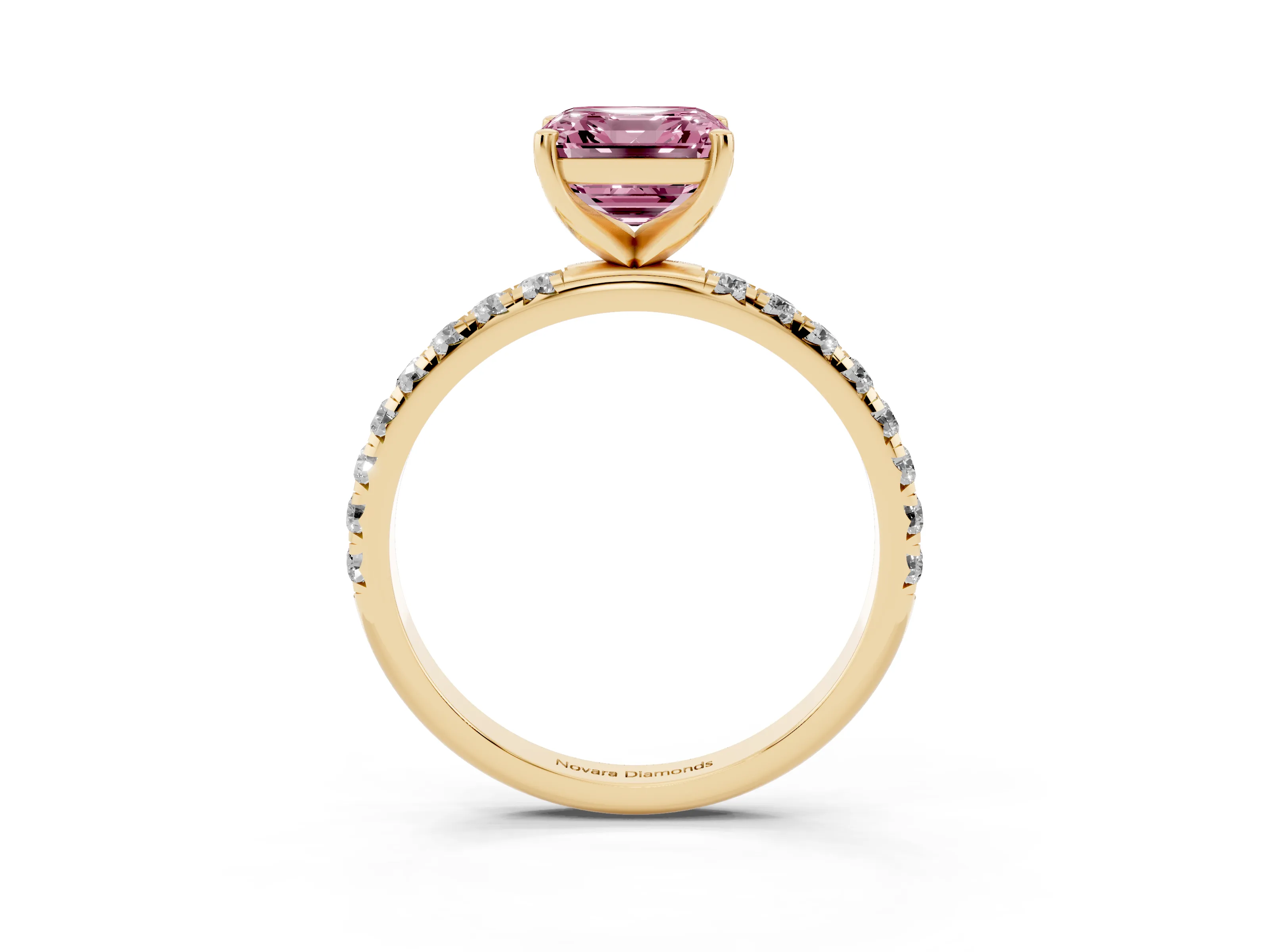 Fancy Pink Asscher Cut Diamond Solitaire Ring Set in Yellow gold with Micro Pavé Band and Prong Setting