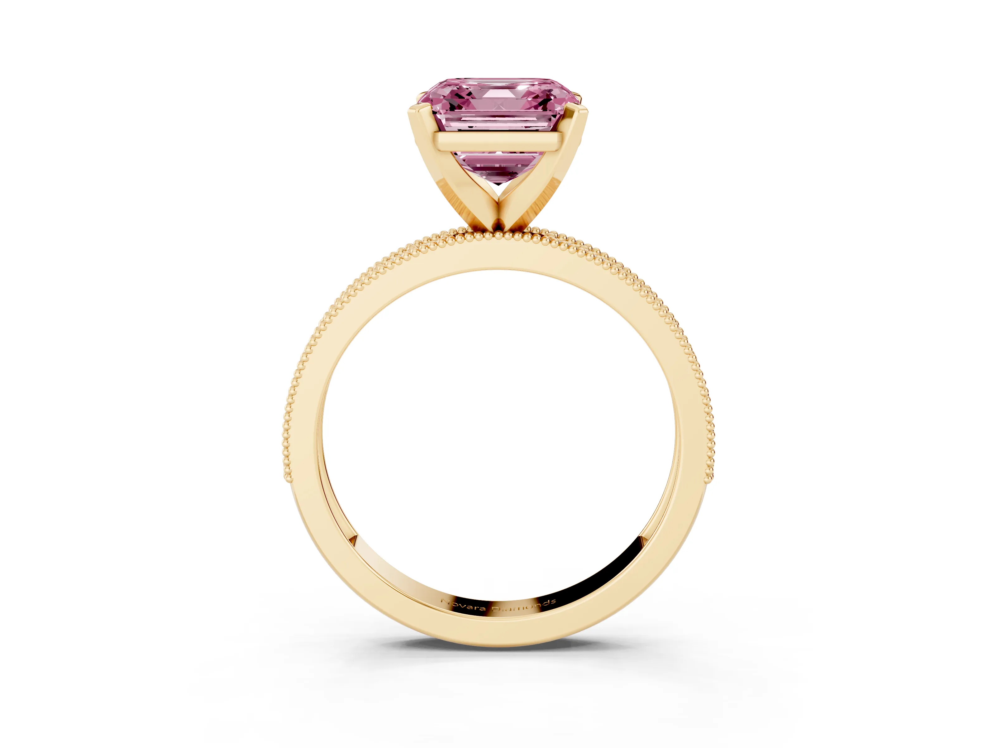 Fancy Pink Asscher Cut Diamond Milgrain Pavé Engagement Ring Set in Yellow gold with Prong Setting