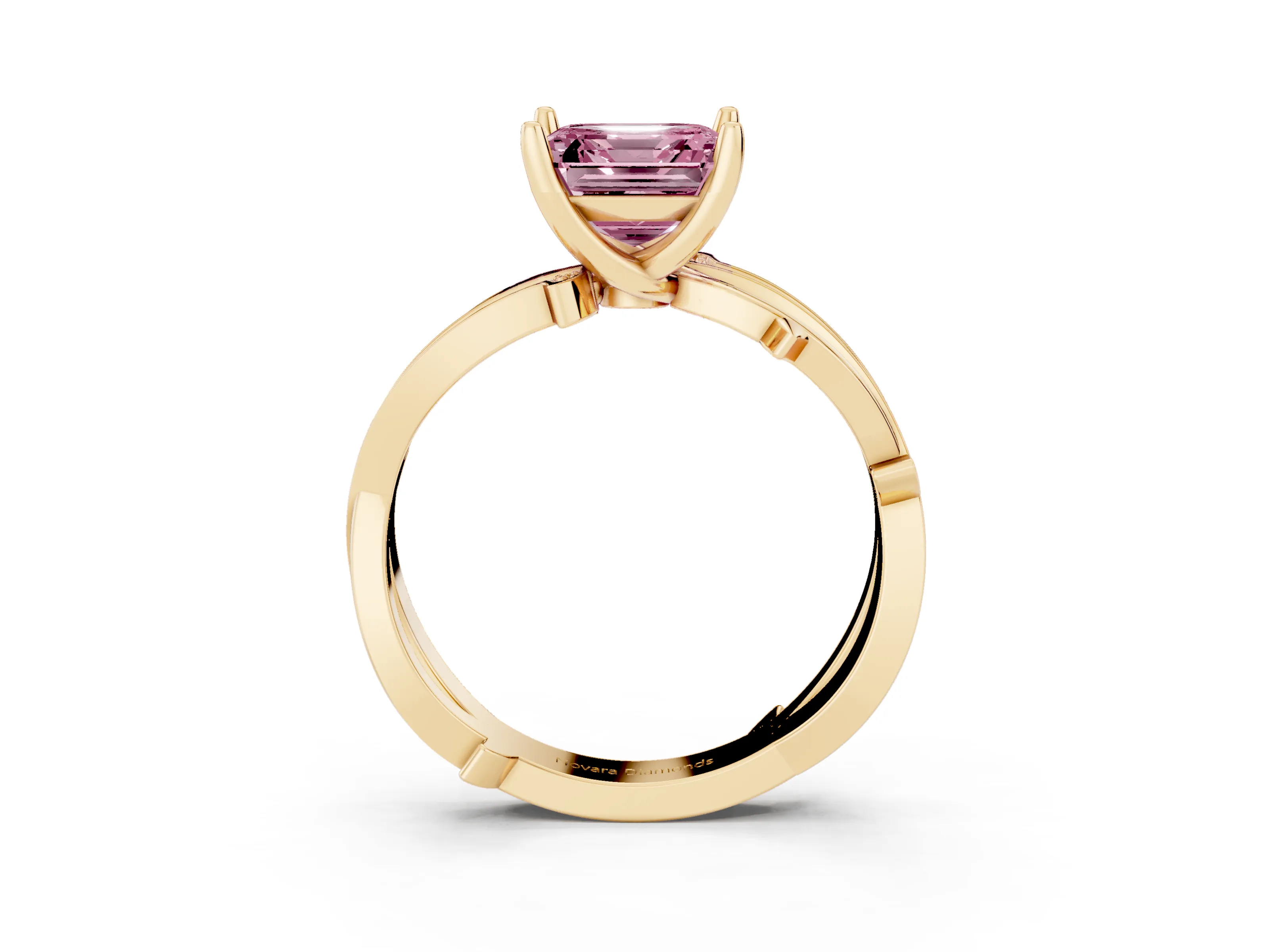 Fancy Pink Asscher Cut Diamond Pavé Twist Band Solitaire Ring Set in Yellow gold with Prong Setting