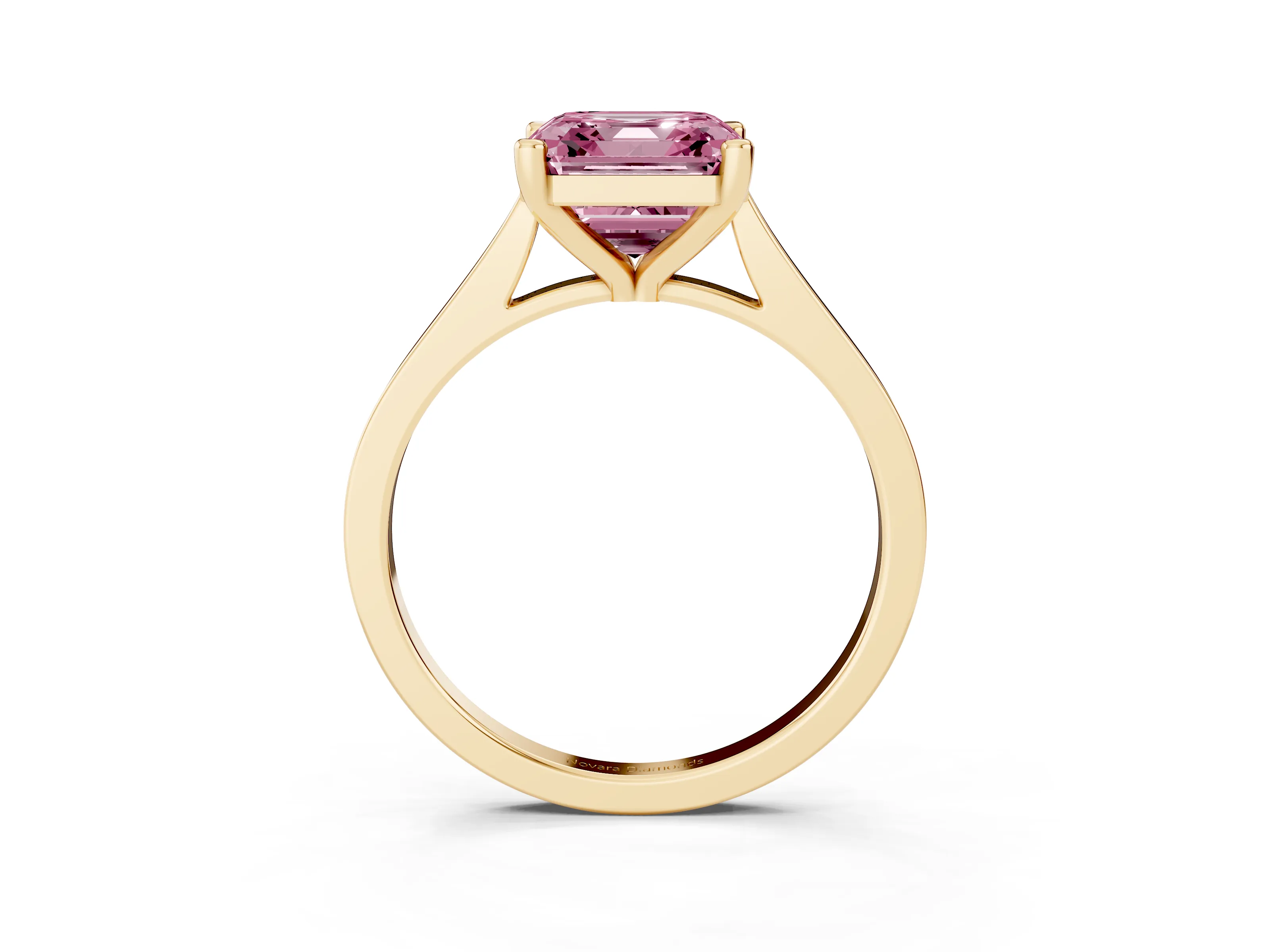 Fancy Pink Asscher Cut Diamond Solitaire Ring Set in Yellow gold with Prong Setting and Tapered Band