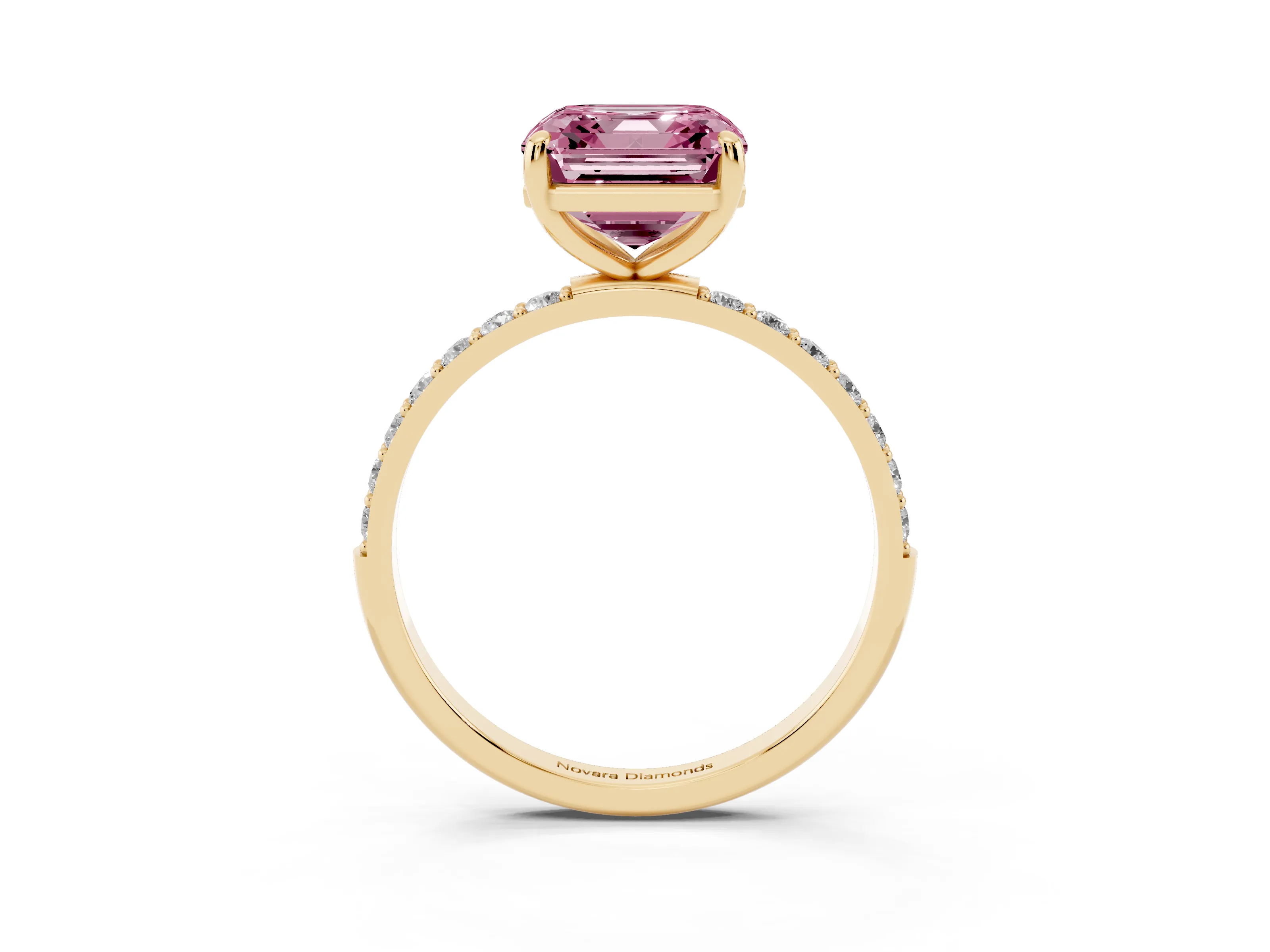 Fancy Pink Asscher Cut Diamond Solitaire Ring Set in Yellow gold with Round Pavé Band and Prong Setting