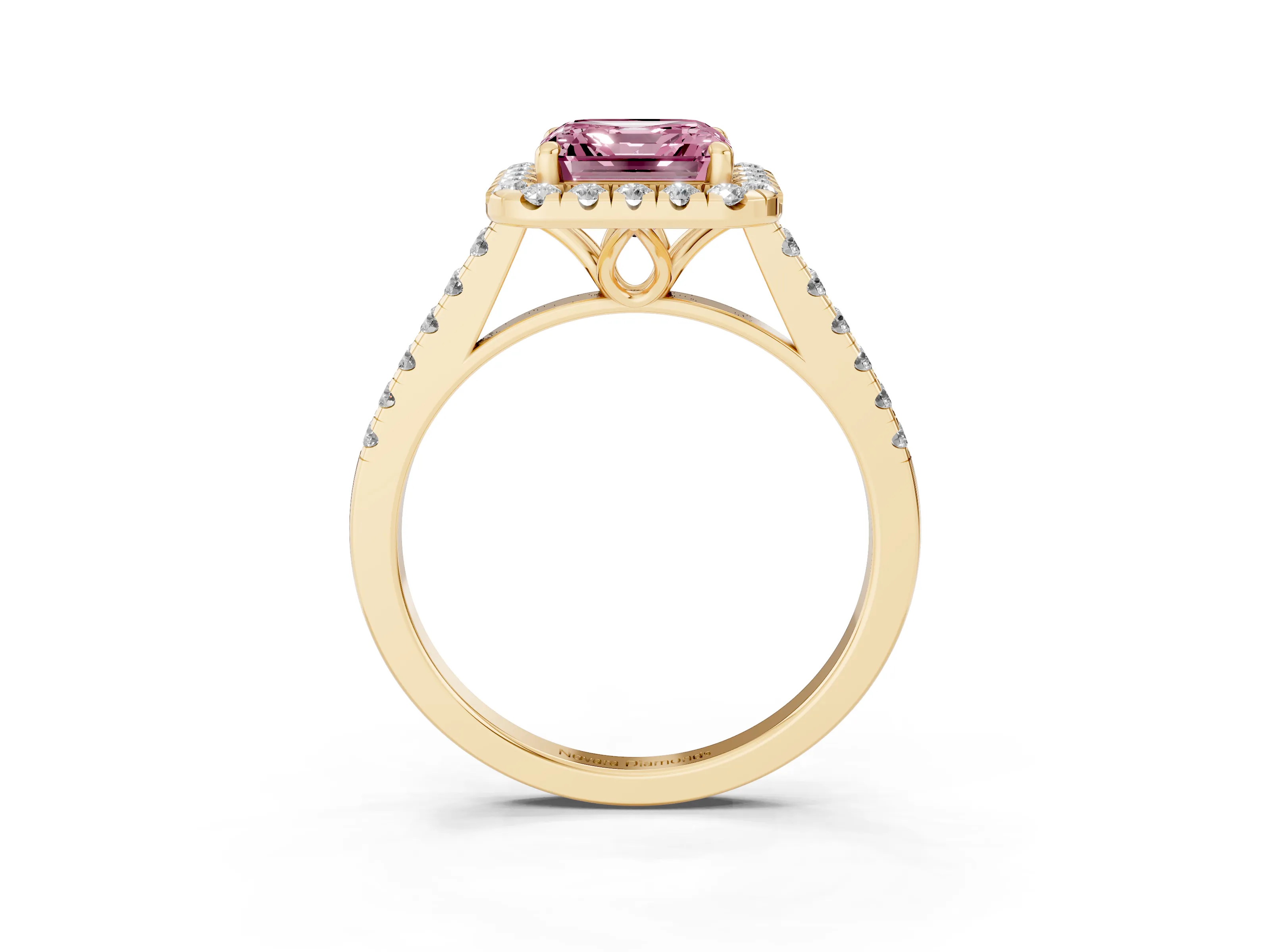 Fancy Pink Asscher Cut Diamond Pavé Halo Engagement Ring Set in Yellow gold with Pavé Band and Prong Setting