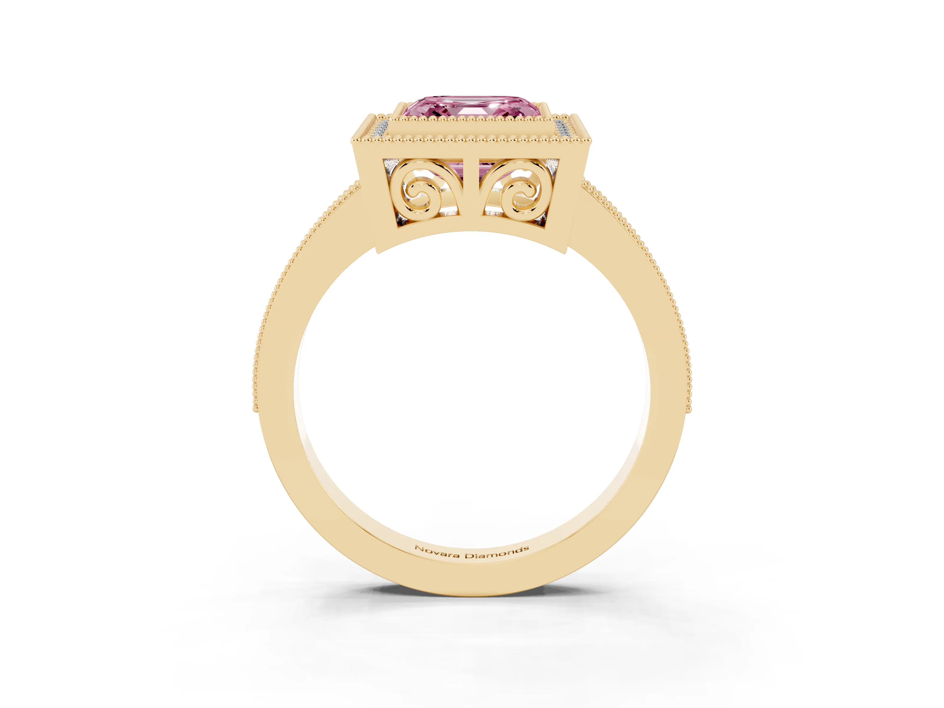 Fancy Pink Asscher Cut Diamond Round Halo Ring Set in Yellow gold with Pavé Band