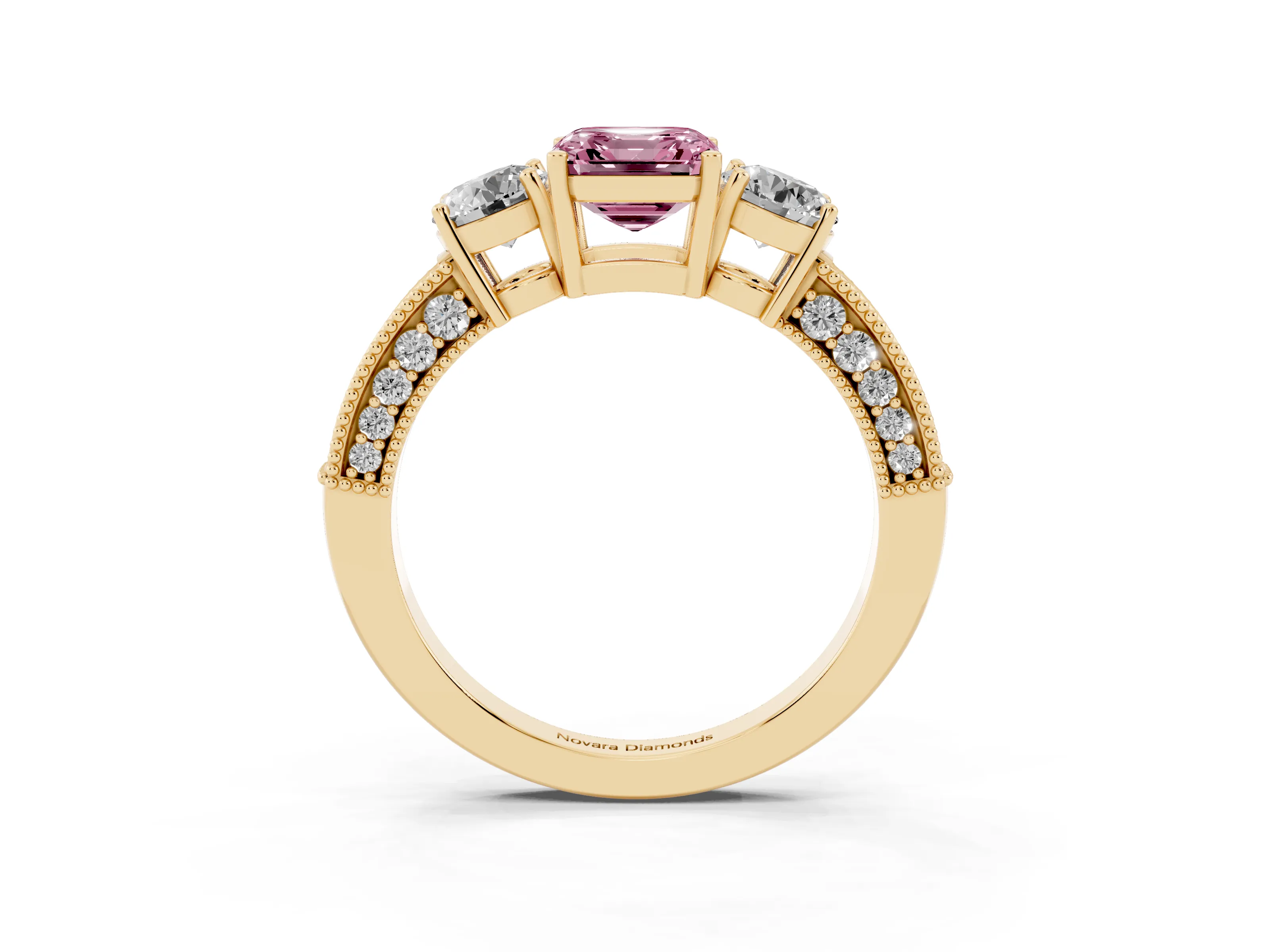 Fancy Pink Asscher Cut Diamond Three-Stone Ring Set in Yellow gold with Round Side Stones and Pavé Band