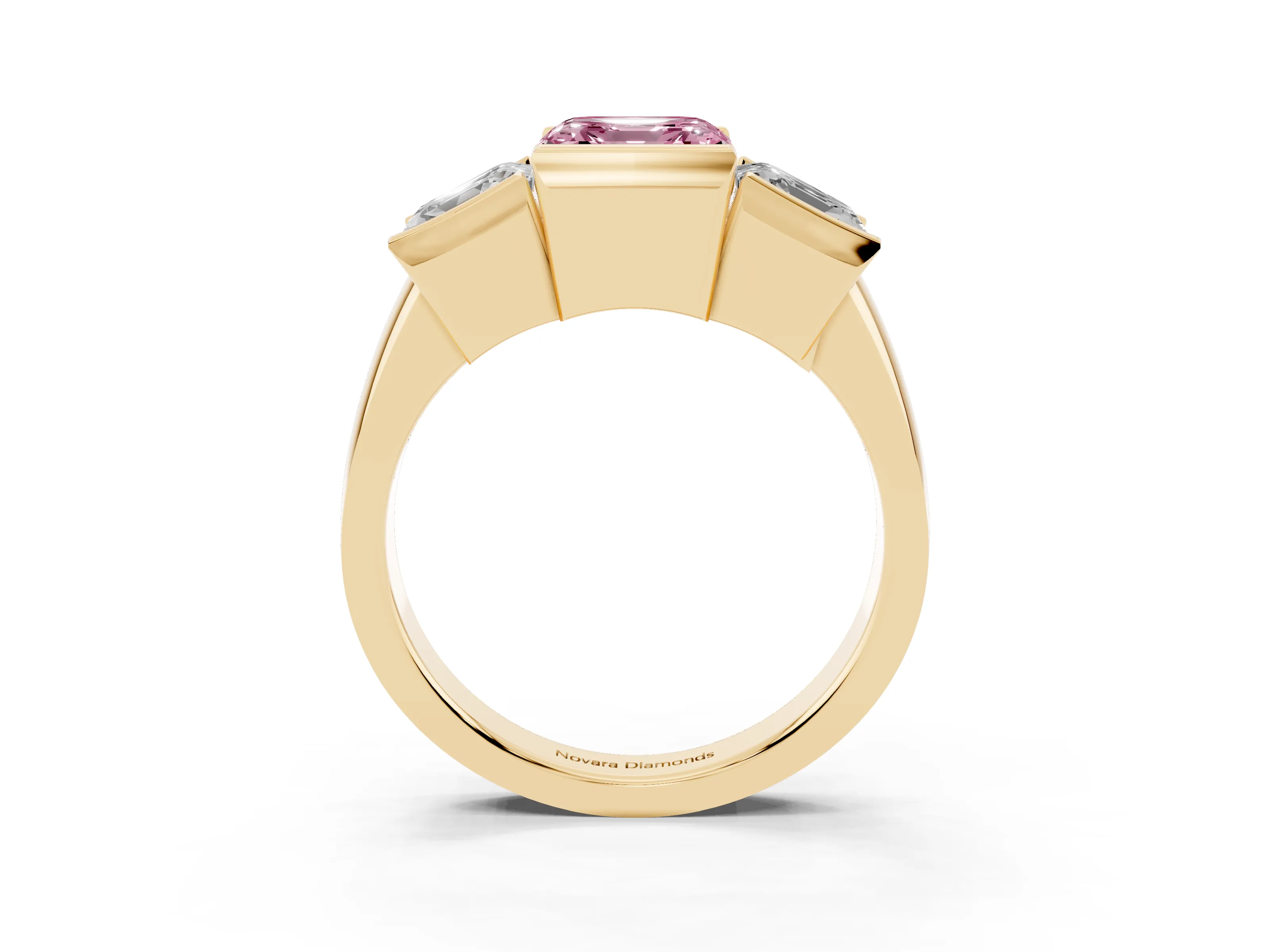 Fancy Pink Asscher Cut Diamond Three-Stone Channel Set Ring Set in Yellow gold with Smooth Polished Band