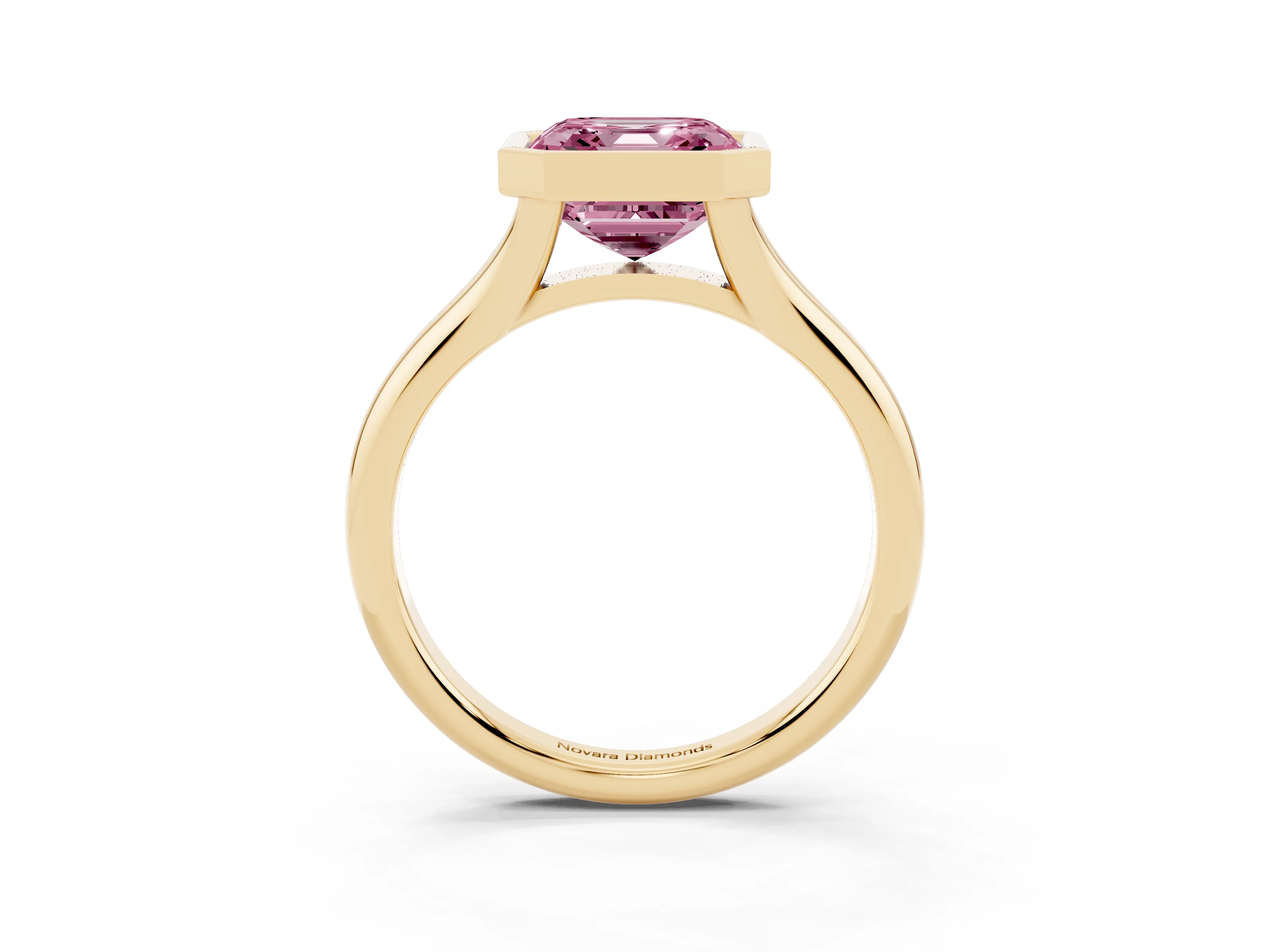 Fancy Pink Bezel Set Asscher Cut Diamond Solitaire Ring Set in Yellow gold with Smooth Band