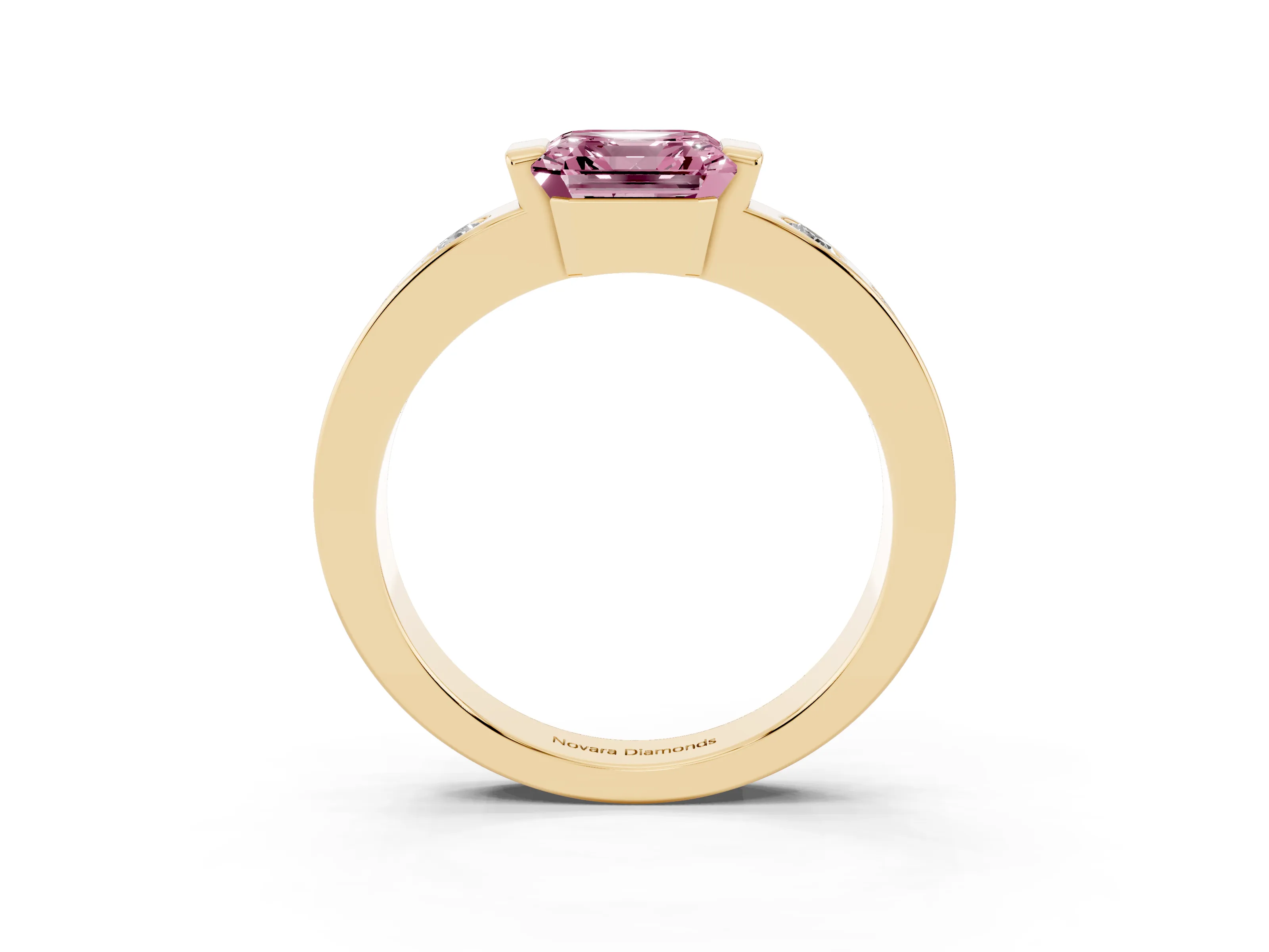 Fancy Pink Asscher Cut Diamond Channel-Set Band Ring Set in Yellow gold with Bezel Prong Setting