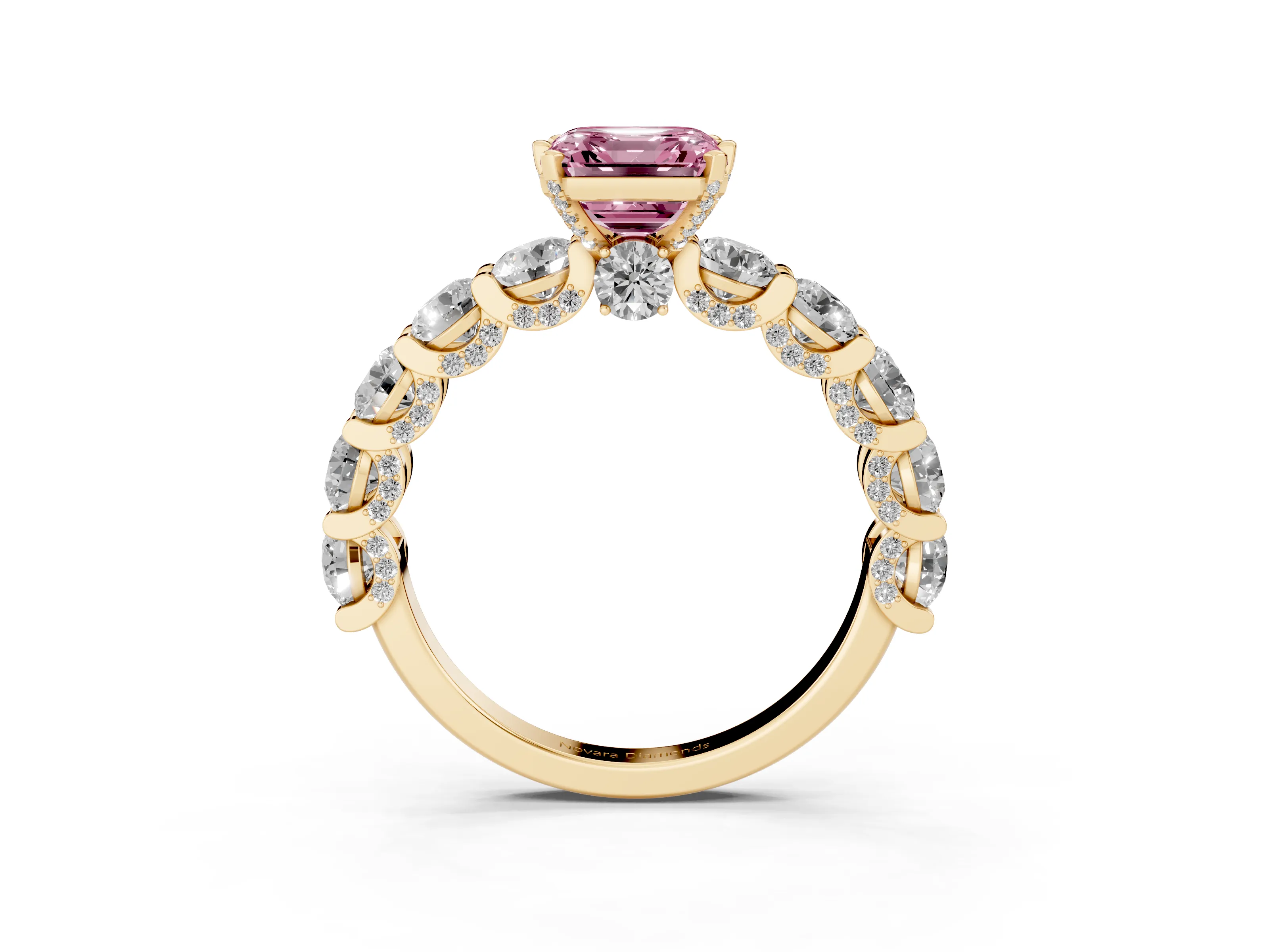 Fancy Pink Asscher Cut Diamond Side Stone Ring Set in Yellow gold with Alternating Round and Oval Side Stones