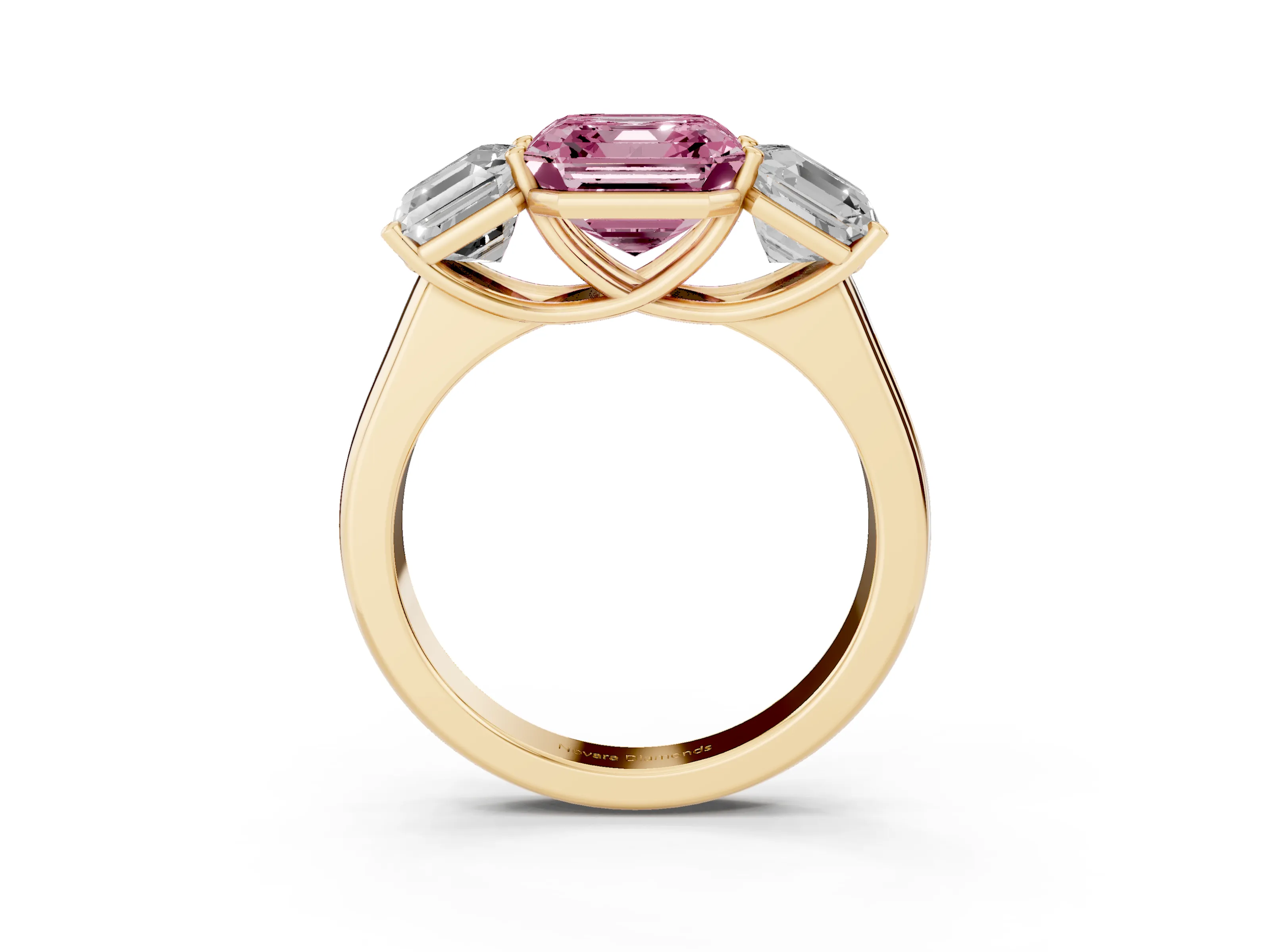 Fancy Pink Asscher Cut Diamond Three-Stone Ring Set in Yellow gold with Plain Polished Band