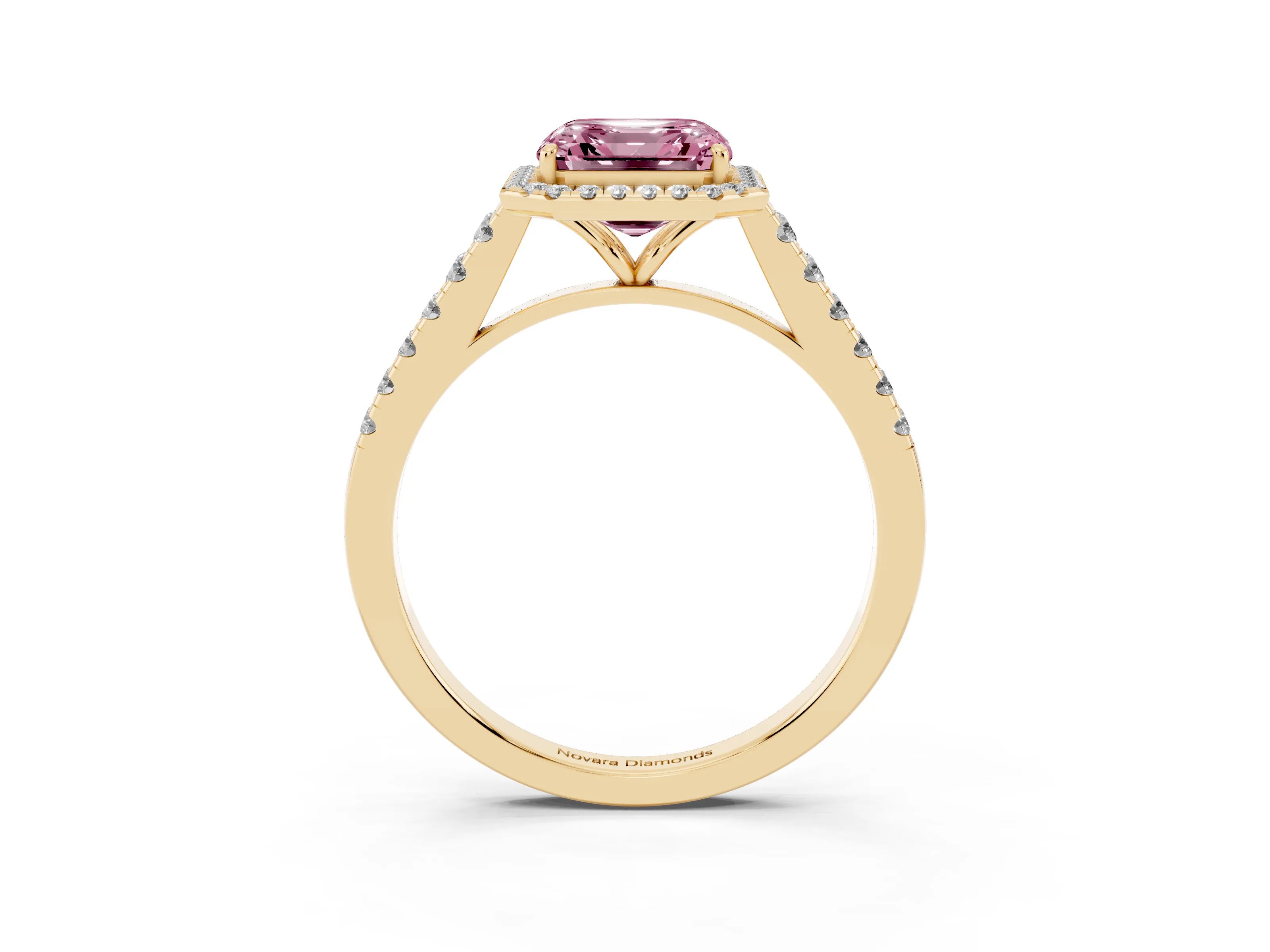 Fancy Pink Asscher Cut Diamond Halo Pavé Engagement Ring Set in Yellow gold with Prong Setting
