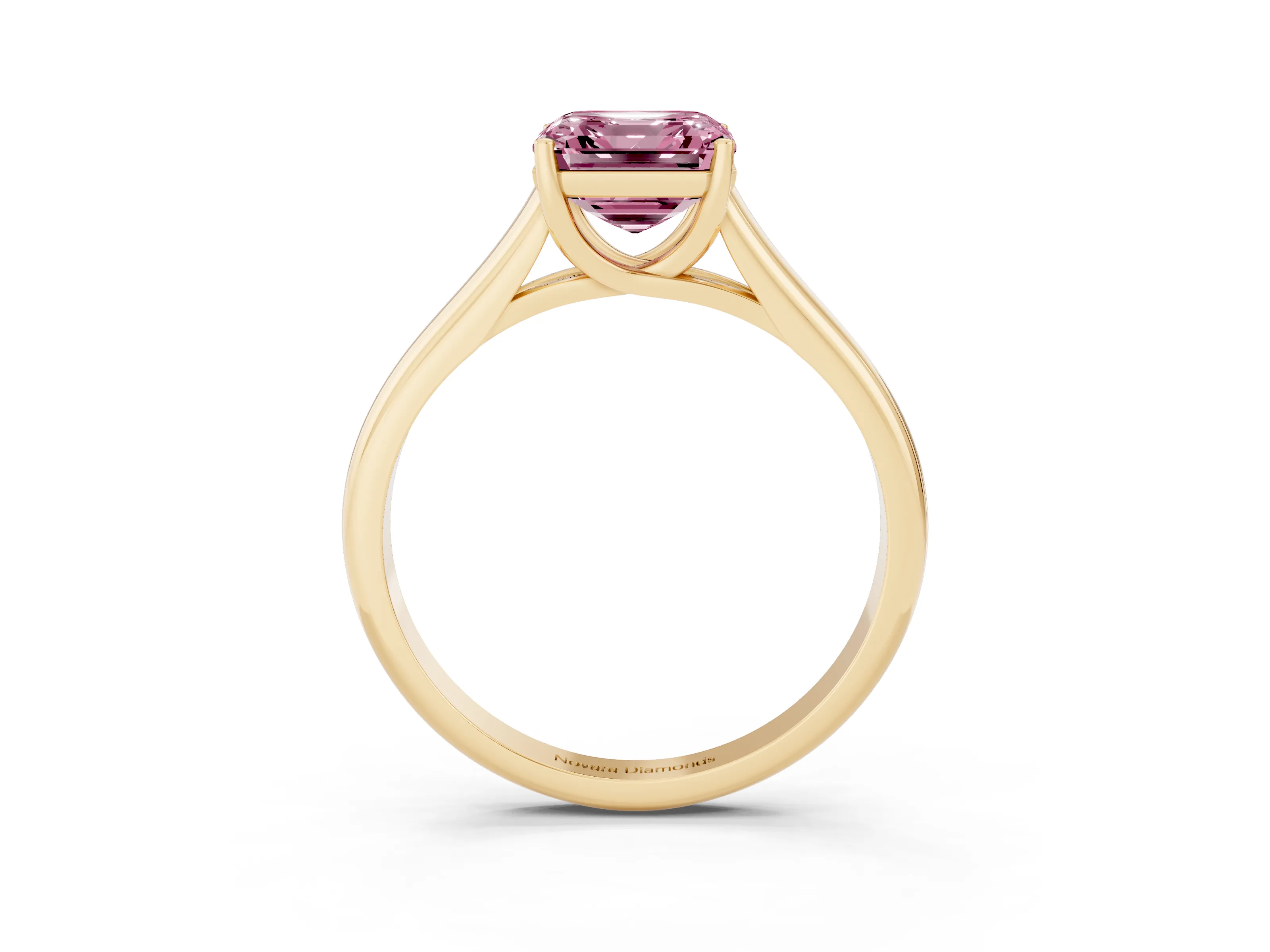 Fancy Pink Asscher Cut Diamond Solitaire Engagement Ring Set in Yellow gold with Subtly Tapered Band and Prong Setting