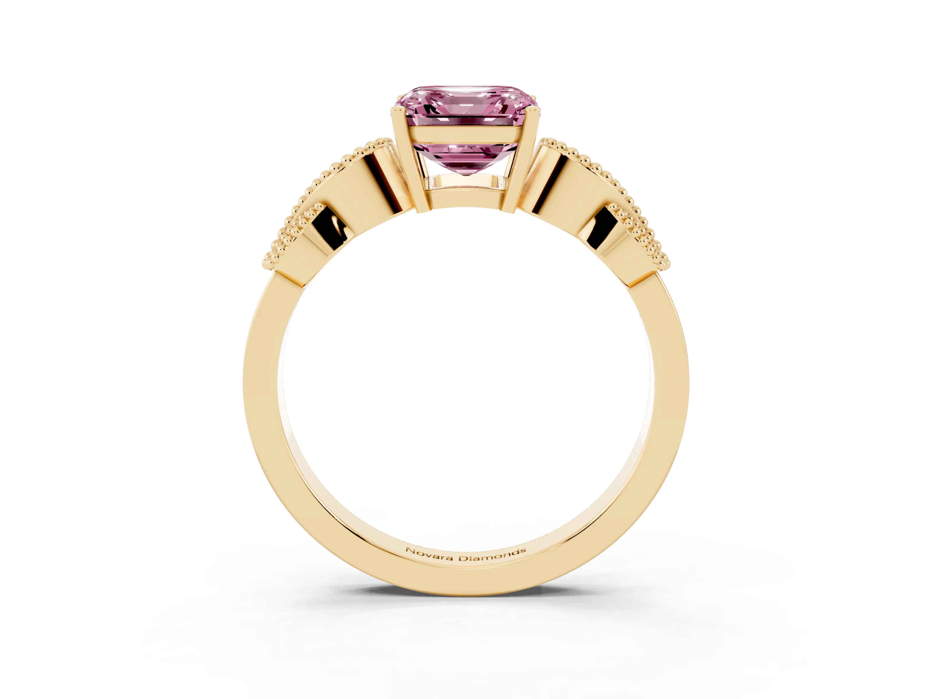 Fancy Pink Asscher Cut Diamond Milgrain Leaf Band Solitaire Ring Set in Yellow gold with Accent Stones and Prong Setting