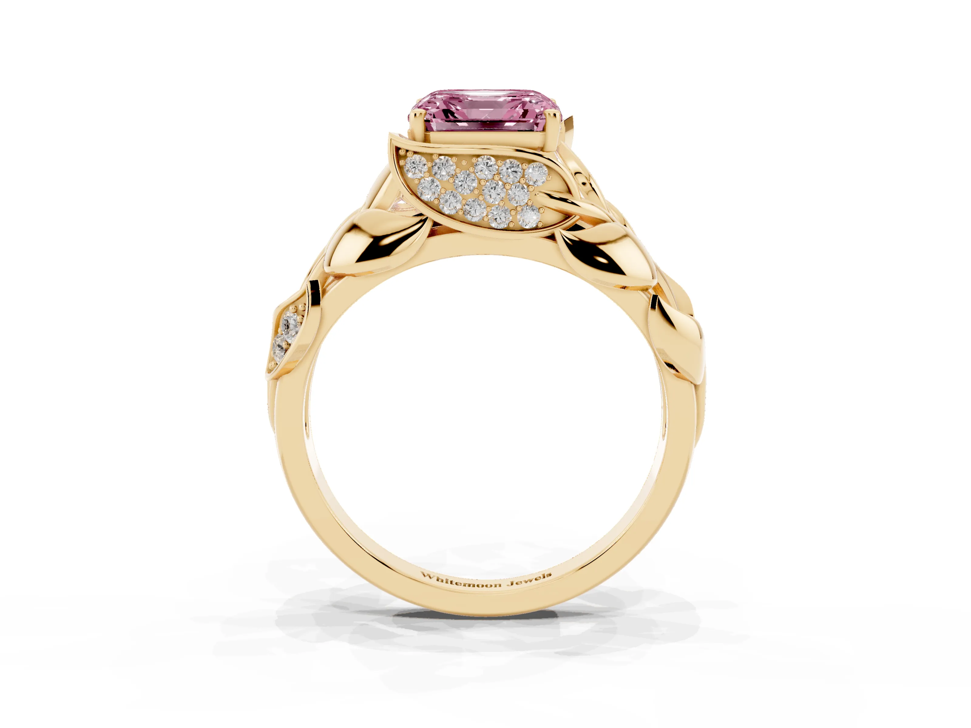 Fancy Pink Asscher Cut Diamond Leaf-Inspired Engagement Ring with Round Accents and Prong Setting Yellow gold
