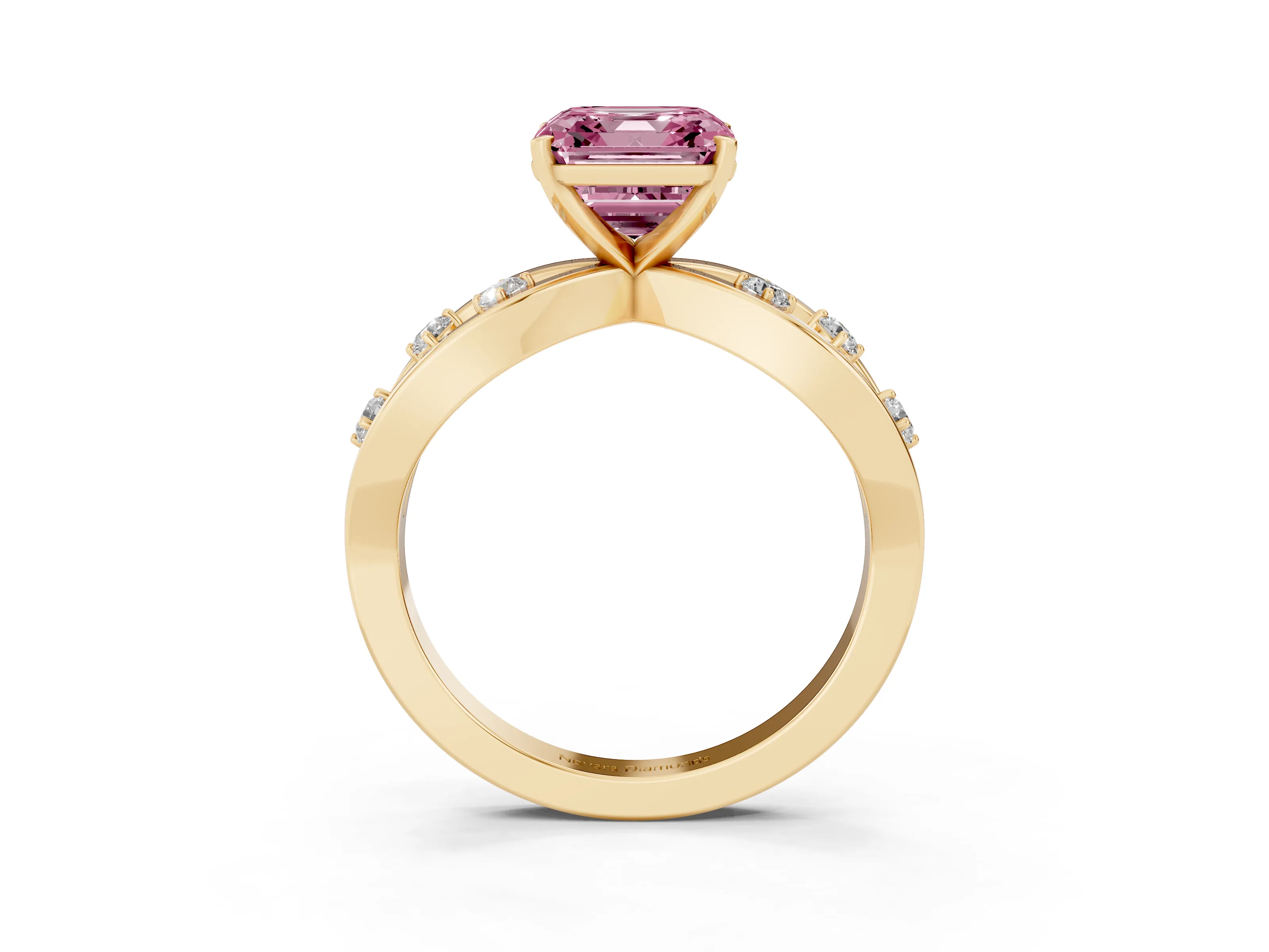 Fancy Pink Asscher Cut Diamond Solitaire Ring Set in Yellow gold with Side Stones on Criss-Cross Band and Prong Setting