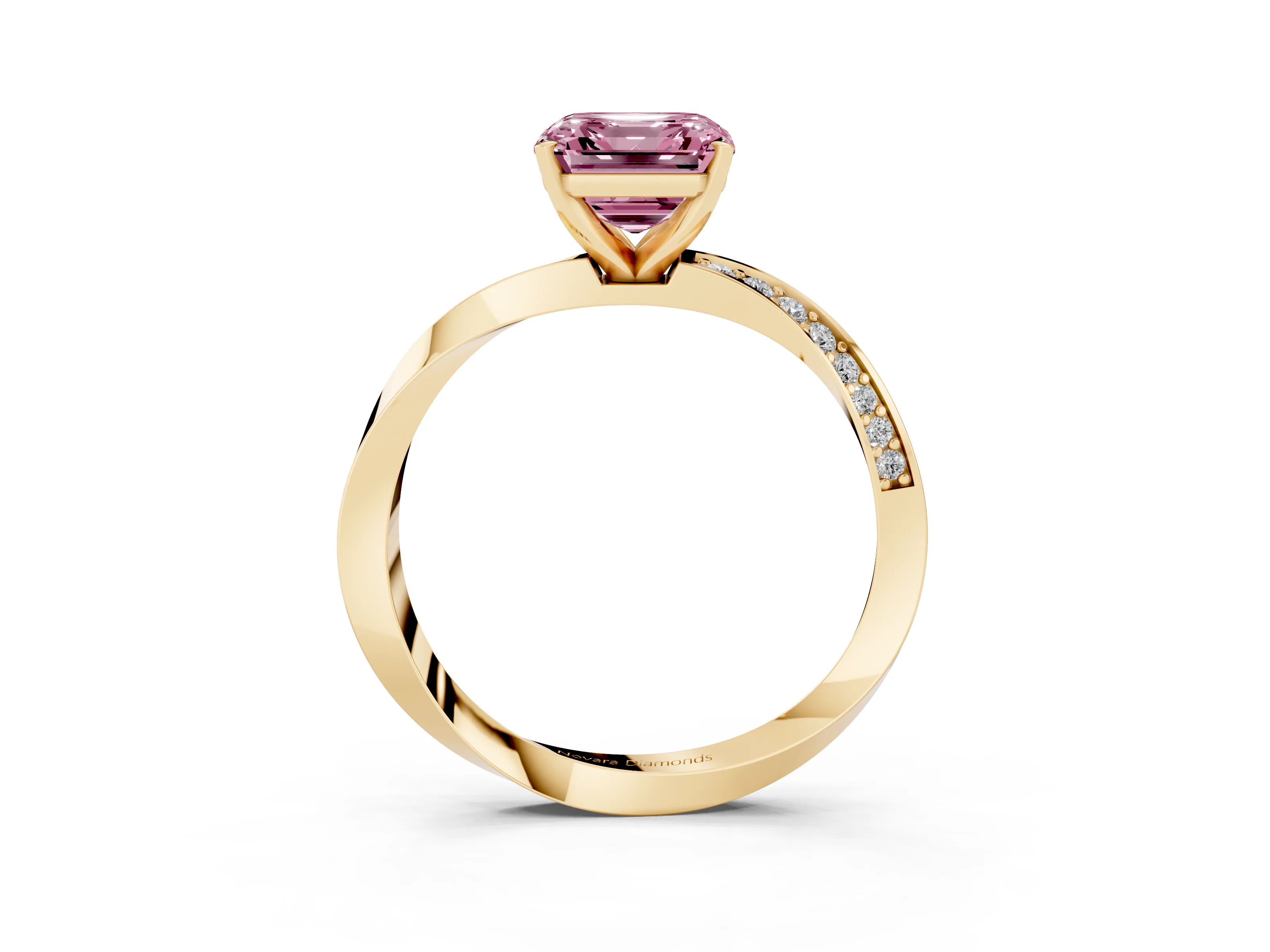 Fancy Pink Asscher Cut Diamond Engagement Ring Set in Yellow gold with Side Stone Accents and Prong Setting
